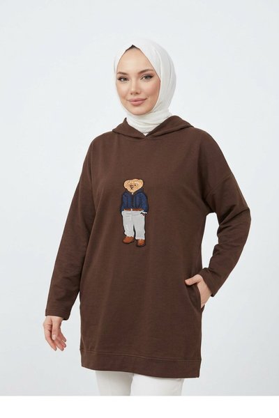 Kahverengi Ayıcık Desenli Kapüşonlu Tunik - Shirosa