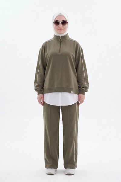 Haki Oversize Eşofman Sweatshirt ve Pantolon Takım - Wovi Moda