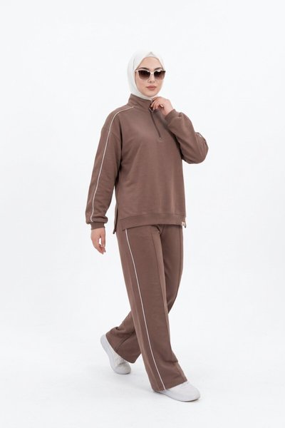 Kahverengi Oversize Eşofman Sweatshirt Ve Pantolon İkili Takım - Wovi Moda
