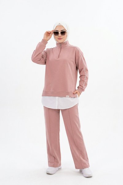 Pembe Oversize Eşofman Sweatshirt ve Pantolon Takım - Wovi Moda