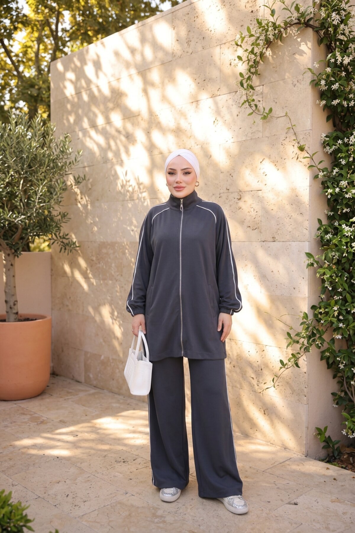 Antrasit Rahat Kesim Biyeli Boydan Fermuarlı Eşofman Takımı - Wovi Moda