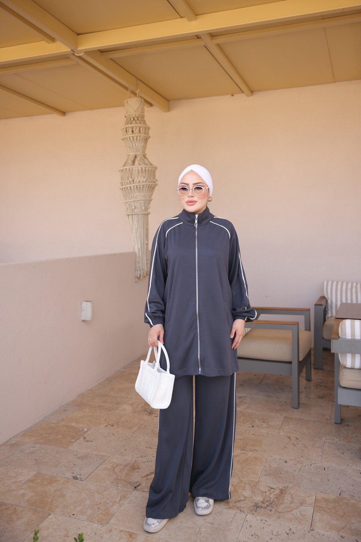 Antrasit Rahat Kesim Biyeli Boydan Fermuarlı Eşofman Takımı - Wovi Moda