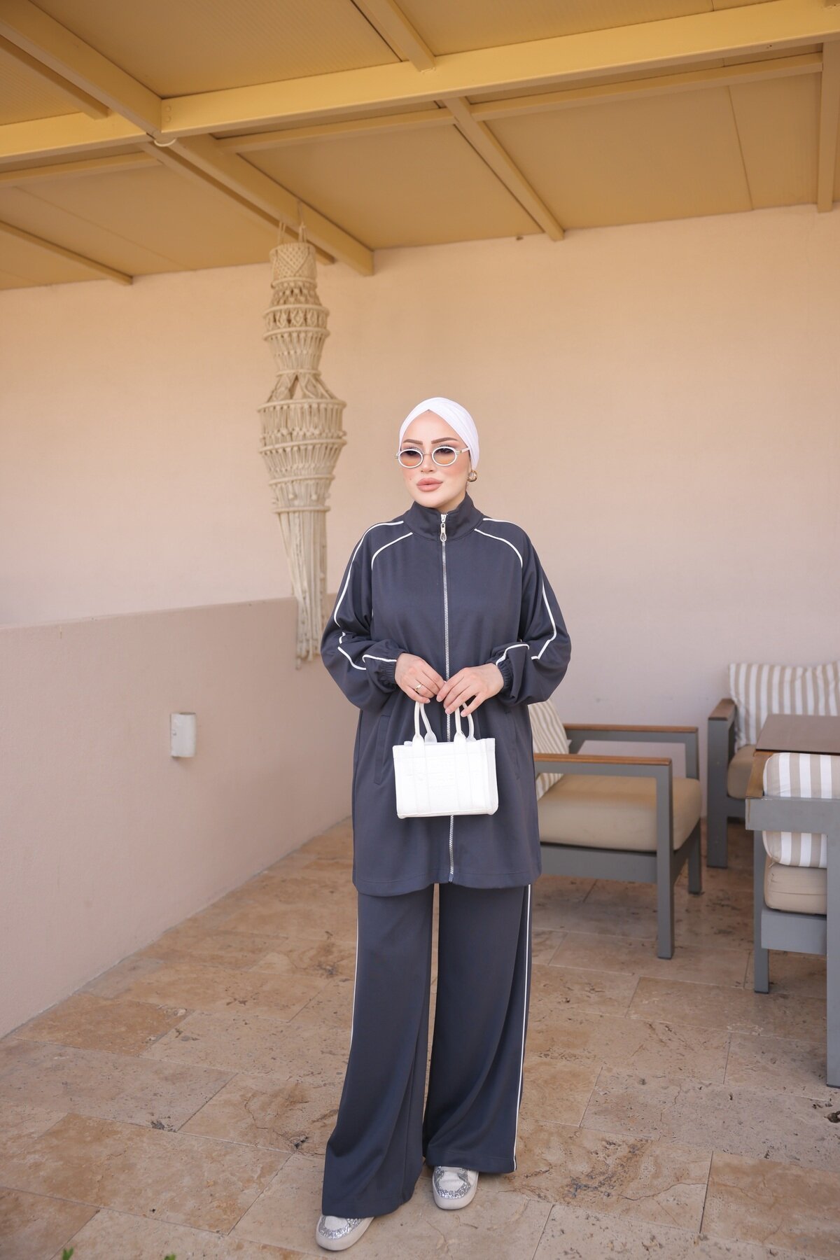 Antrasit Rahat Kesim Biyeli Boydan Fermuarlı Eşofman Takımı - Wovi Moda