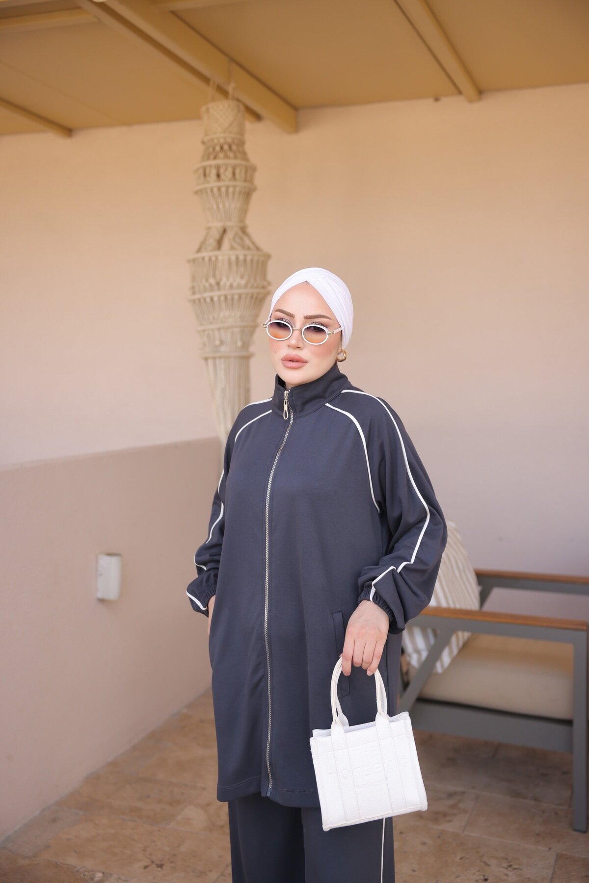 Antrasit Rahat Kesim Biyeli Boydan Fermuarlı Eşofman Takımı - Wovi Moda