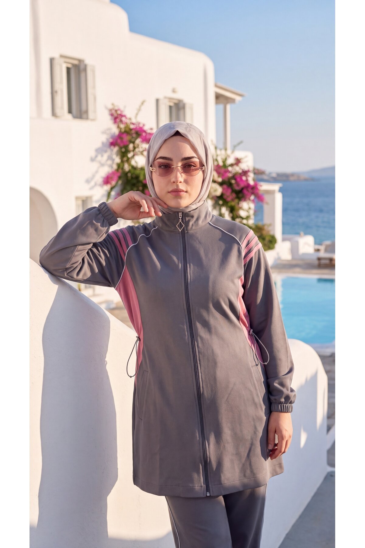 Antrasit Şerit Detaylı Fermuarlı Eşofman Takımı - Wovi Moda
