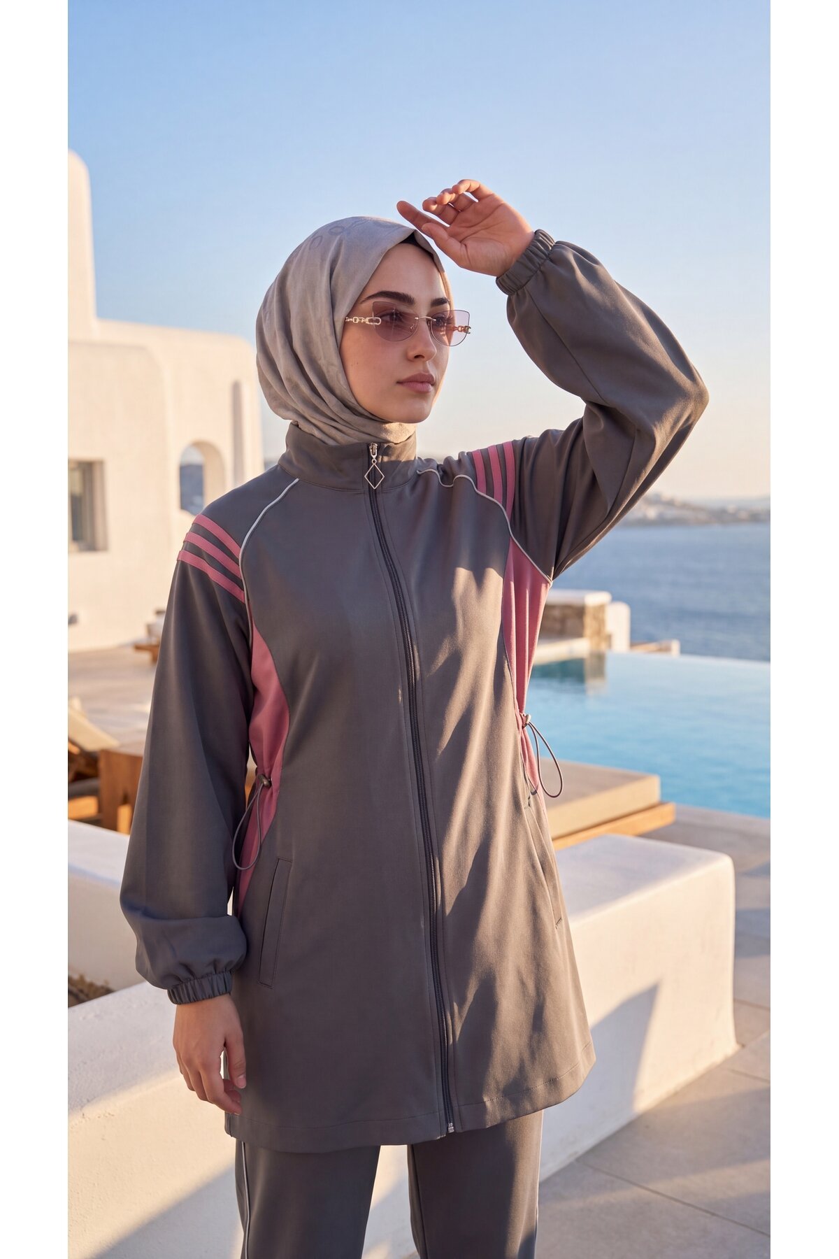 Antrasit Şerit Detaylı Fermuarlı Eşofman Takımı - Wovi Moda