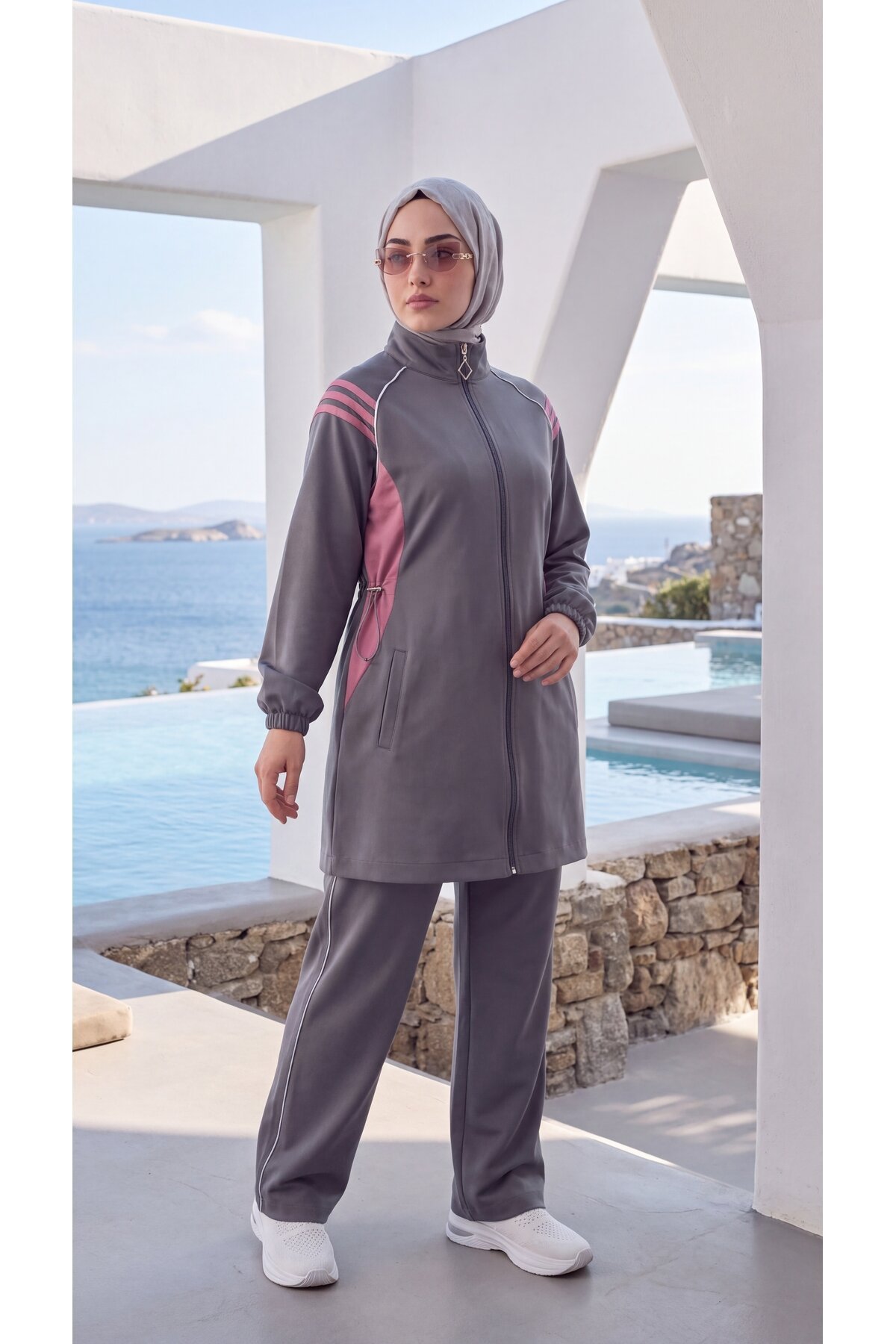 Antrasit Şerit Detaylı Fermuarlı Eşofman Takımı - Wovi Moda