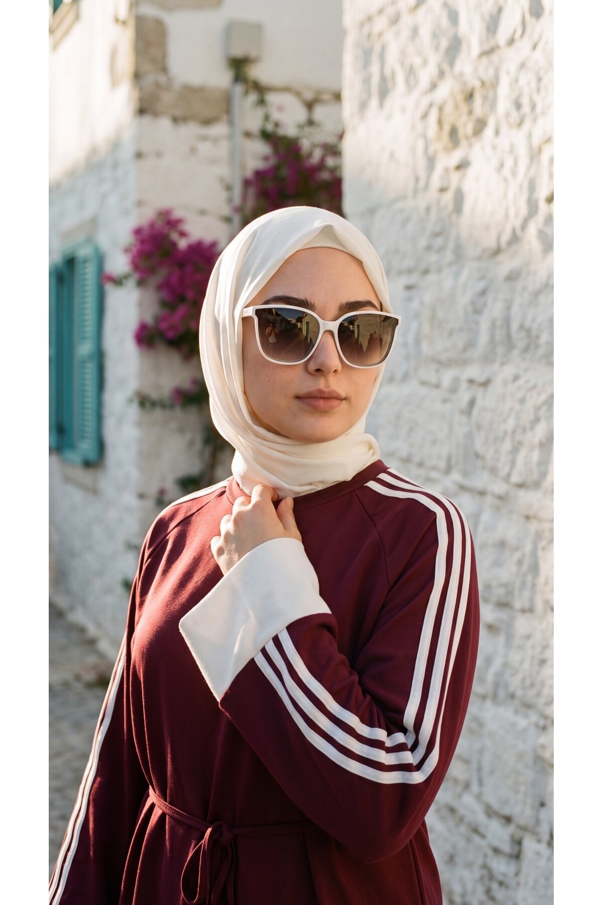 Bordo Krem Beli Bağcıklı Manşetli Şerit Detaylı Eşofman Takımı - Wovi Moda