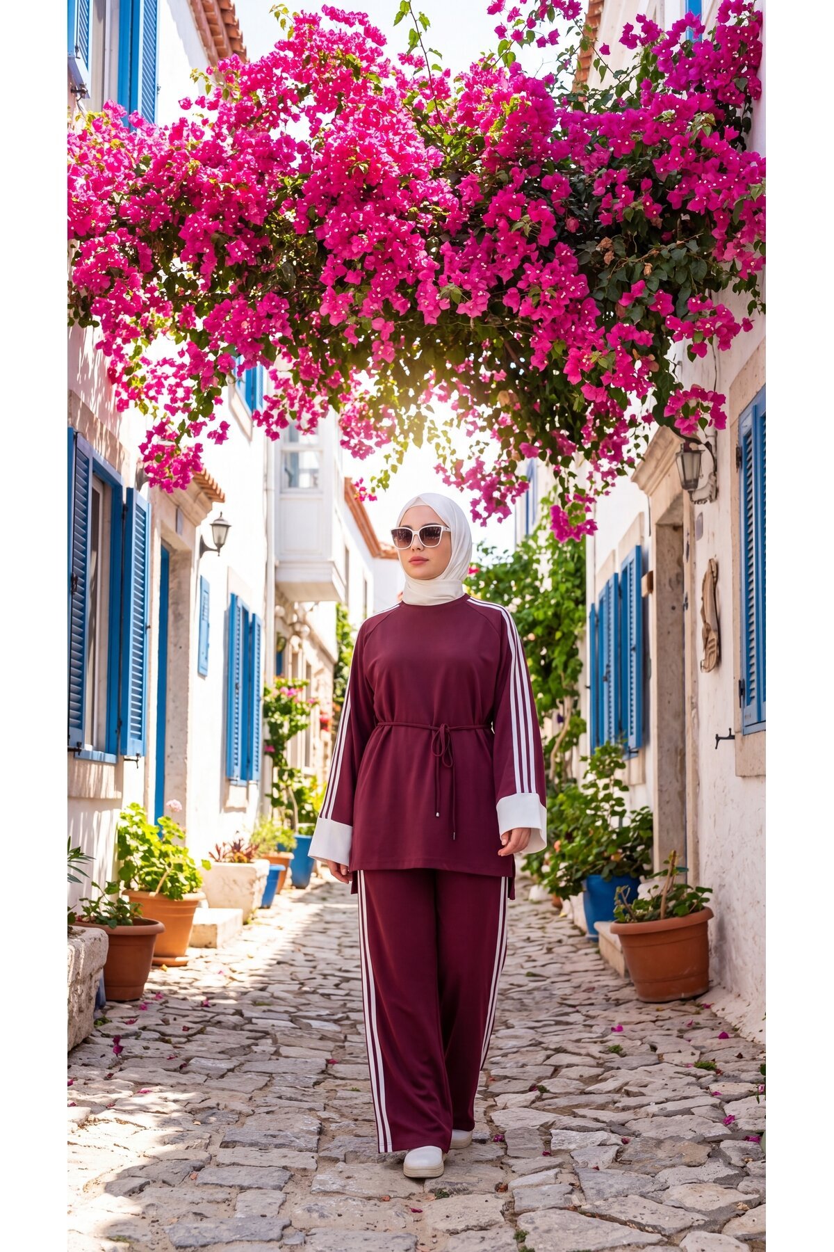 Bordo Krem Beli Bağcıklı Manşetli Şerit Detaylı Eşofman Takımı - Wovi Moda