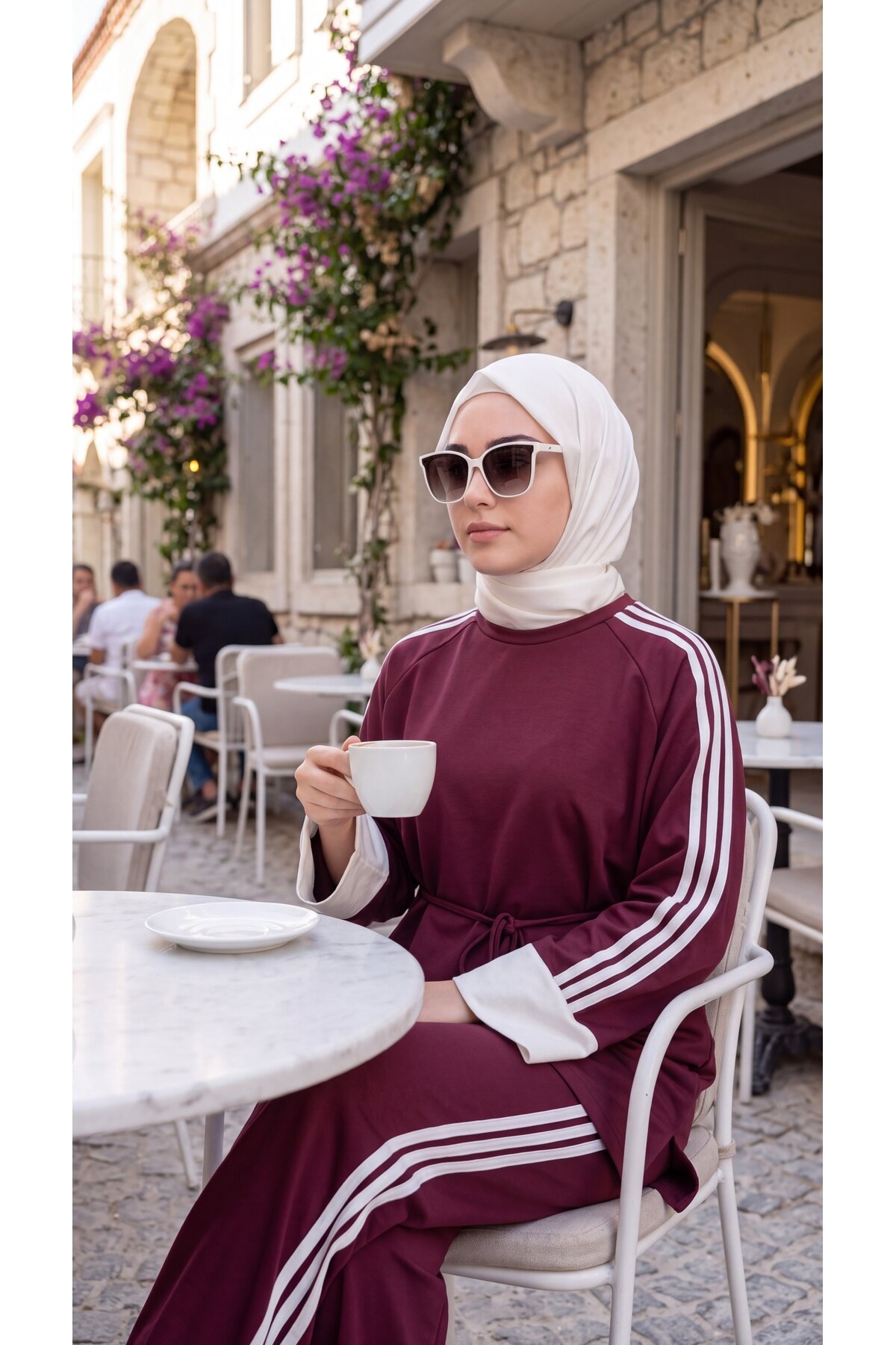 Bordo Krem Beli Bağcıklı Manşetli Şerit Detaylı Eşofman Takımı - Wovi Moda