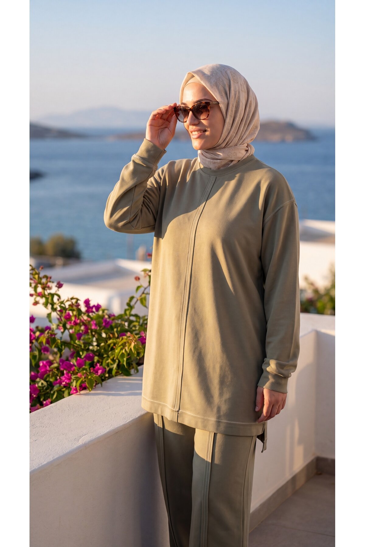 Haki Bisiklet Yaka Dikiş Detaylı Eşofman Takımı - Wovi Moda
