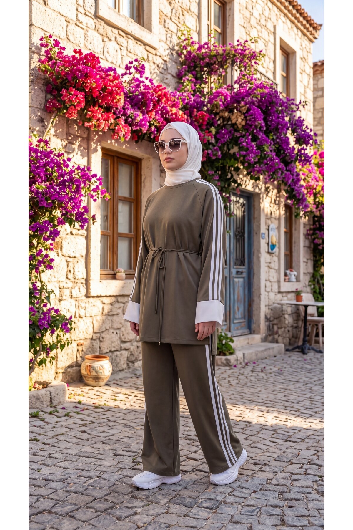 Haki Krem Manşetli Beli Bağcıklı Şerit Detaylı Eşofman Takımı - Wovi Moda