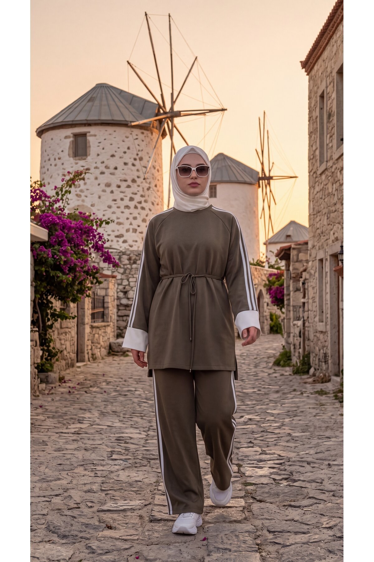 Haki Krem Manşetli Beli Bağcıklı Şerit Detaylı Eşofman Takımı - Wovi Moda
