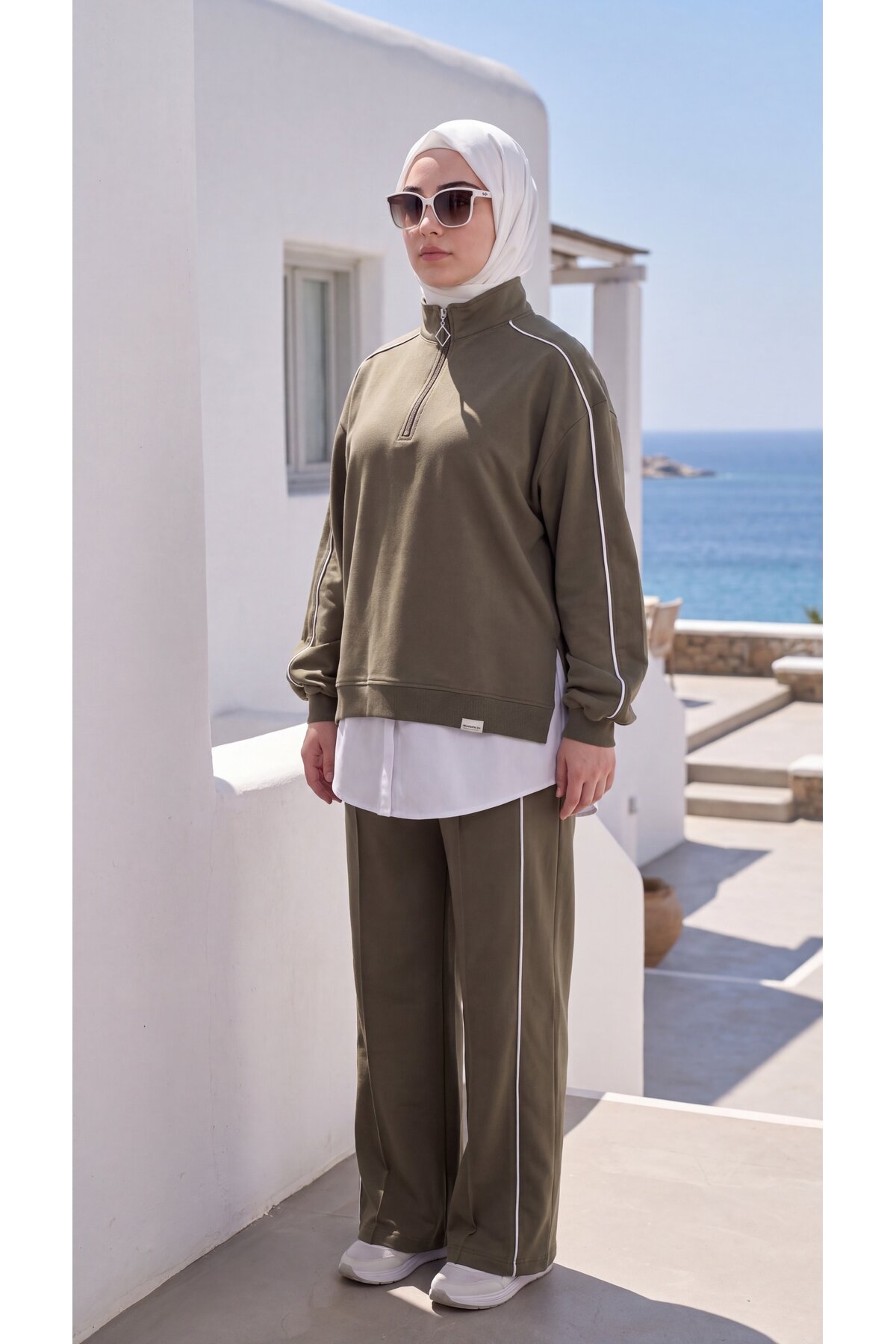 Haki Oversize Eşofman Sweatshirt ve Pantolon Takım - Wovi Moda