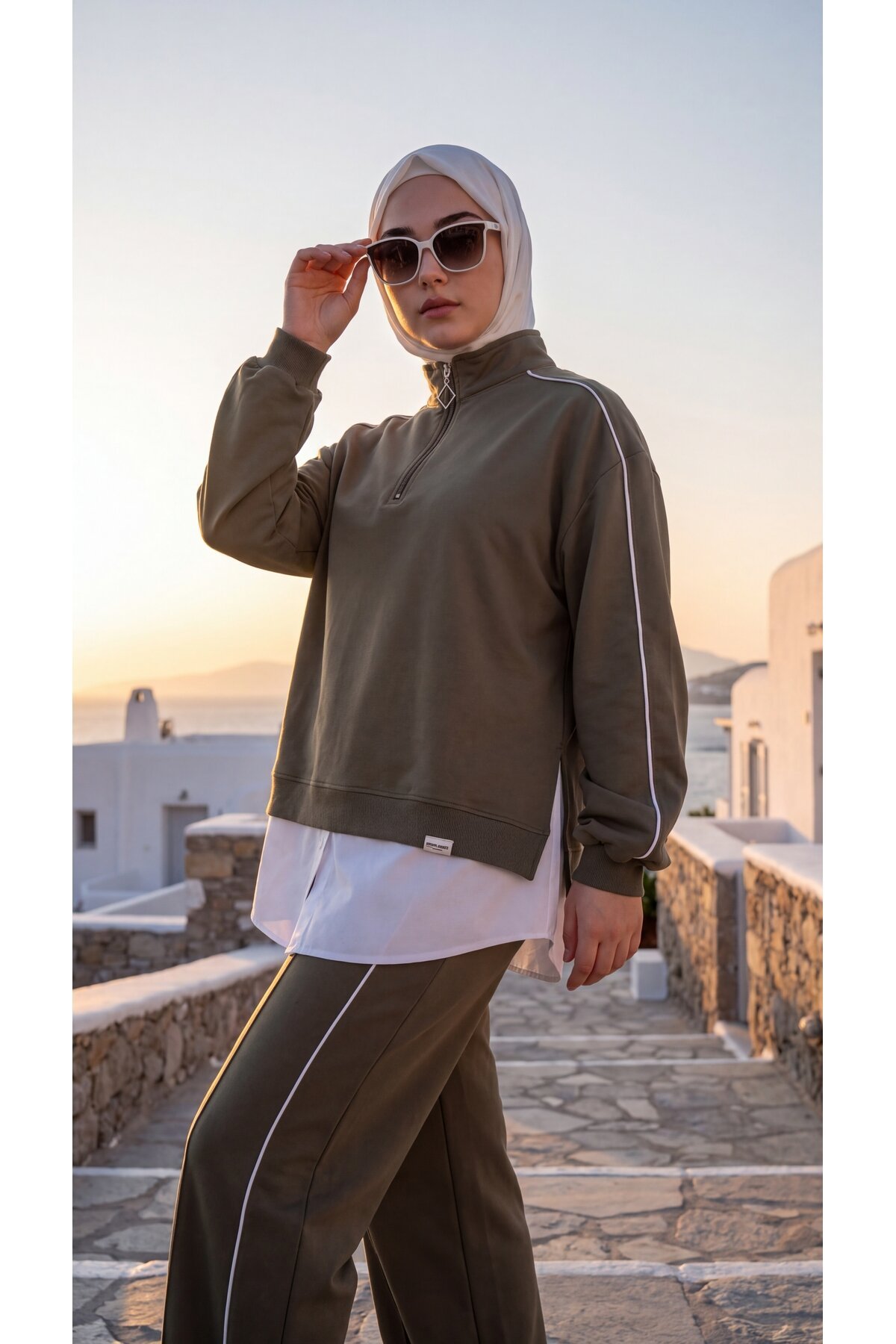 Haki Oversize Eşofman Sweatshirt ve Pantolon Takım - Wovi Moda