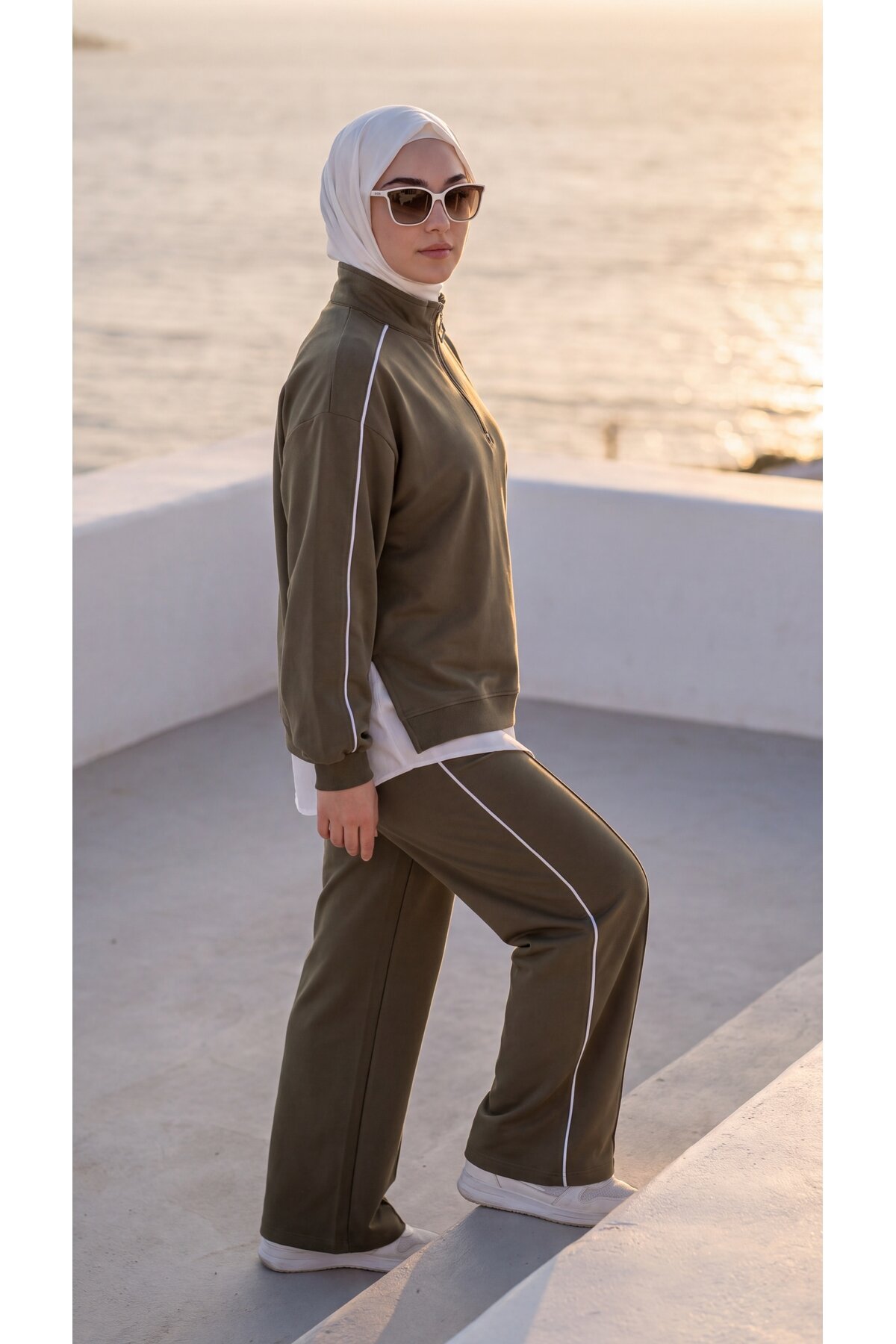 Haki Oversize Eşofman Sweatshirt ve Pantolon Takım - Wovi Moda