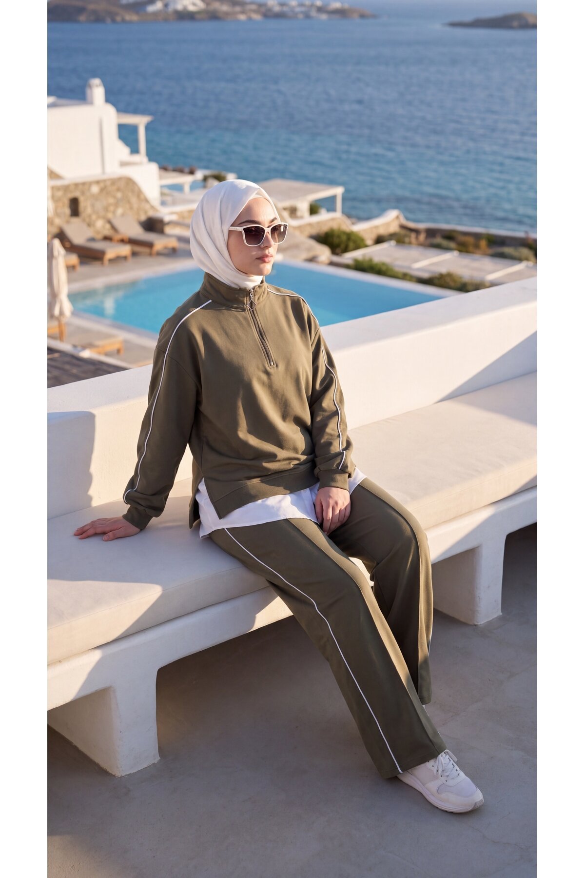 Haki Oversize Eşofman Sweatshirt ve Pantolon Takım - Wovi Moda