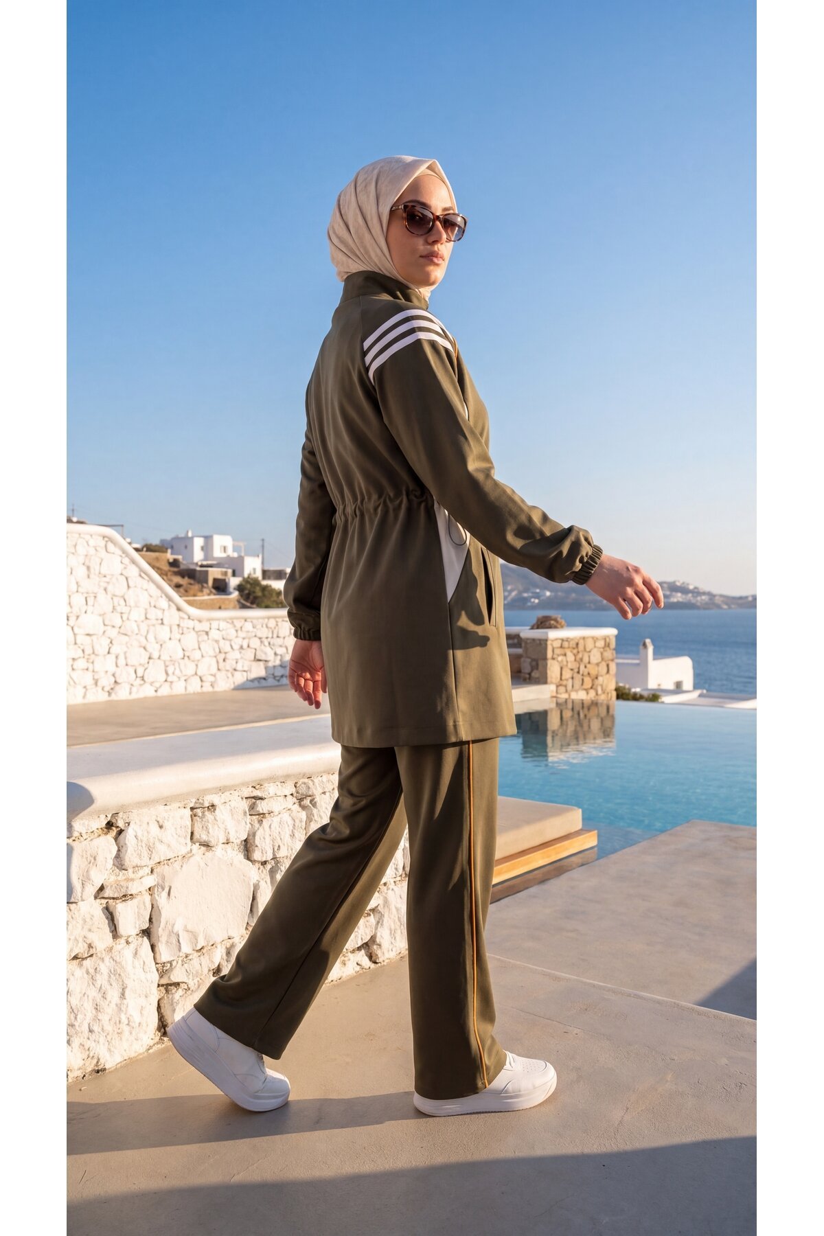 Haki Şerit Detaylı Fermuarlı Eşofman Takım - Wovi Moda