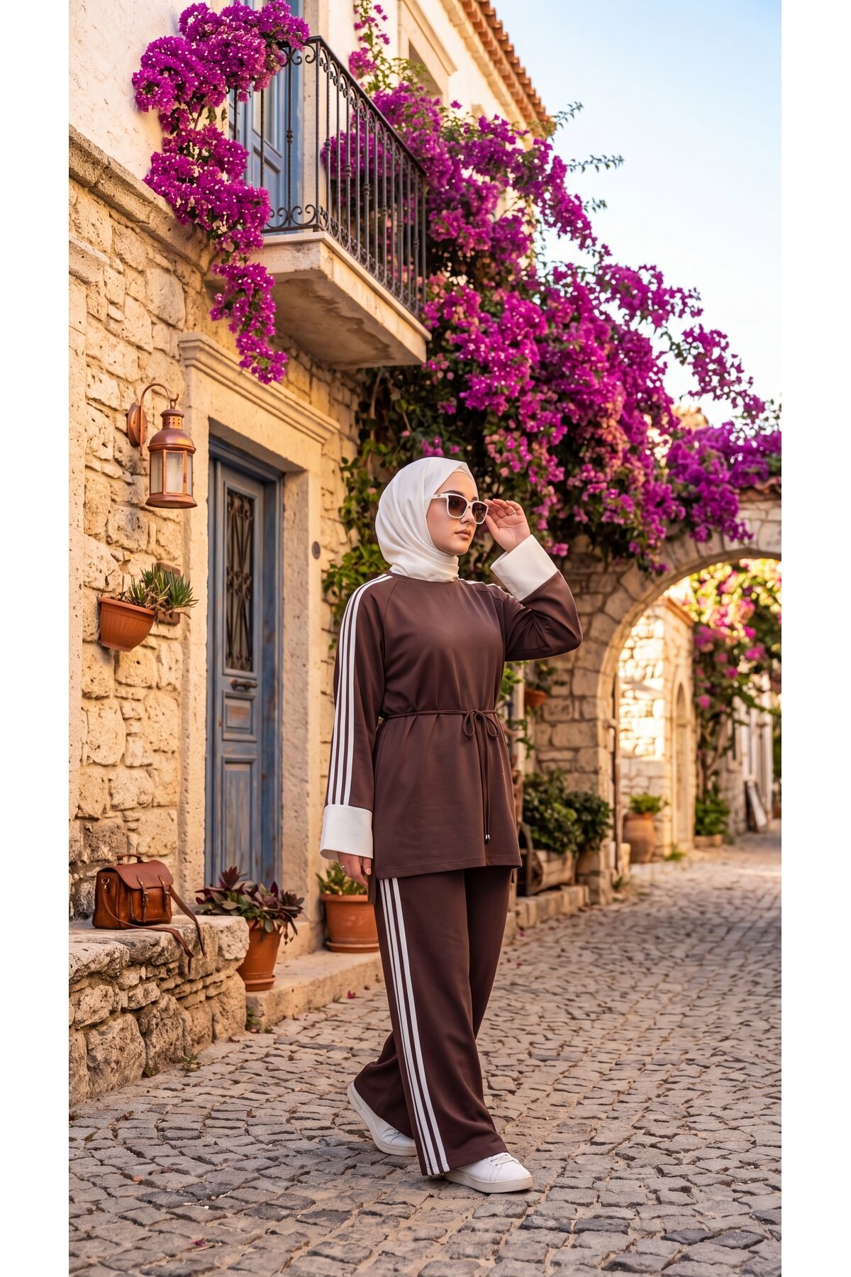 Kahverengi Krem Manşetli Beli Bağcıklı Şerit Detaylı Eşofman - Wovi Moda