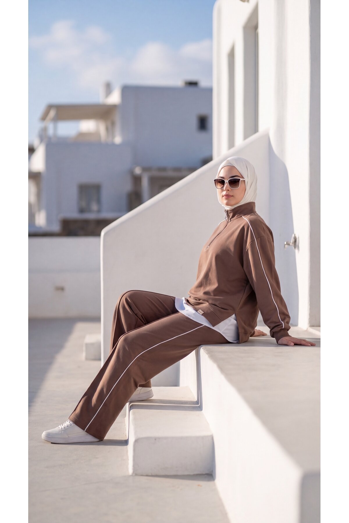 Kahverengi Oversize Eşofman Sweatshirt Ve Pantolon İkili Takım - Wovi Moda
