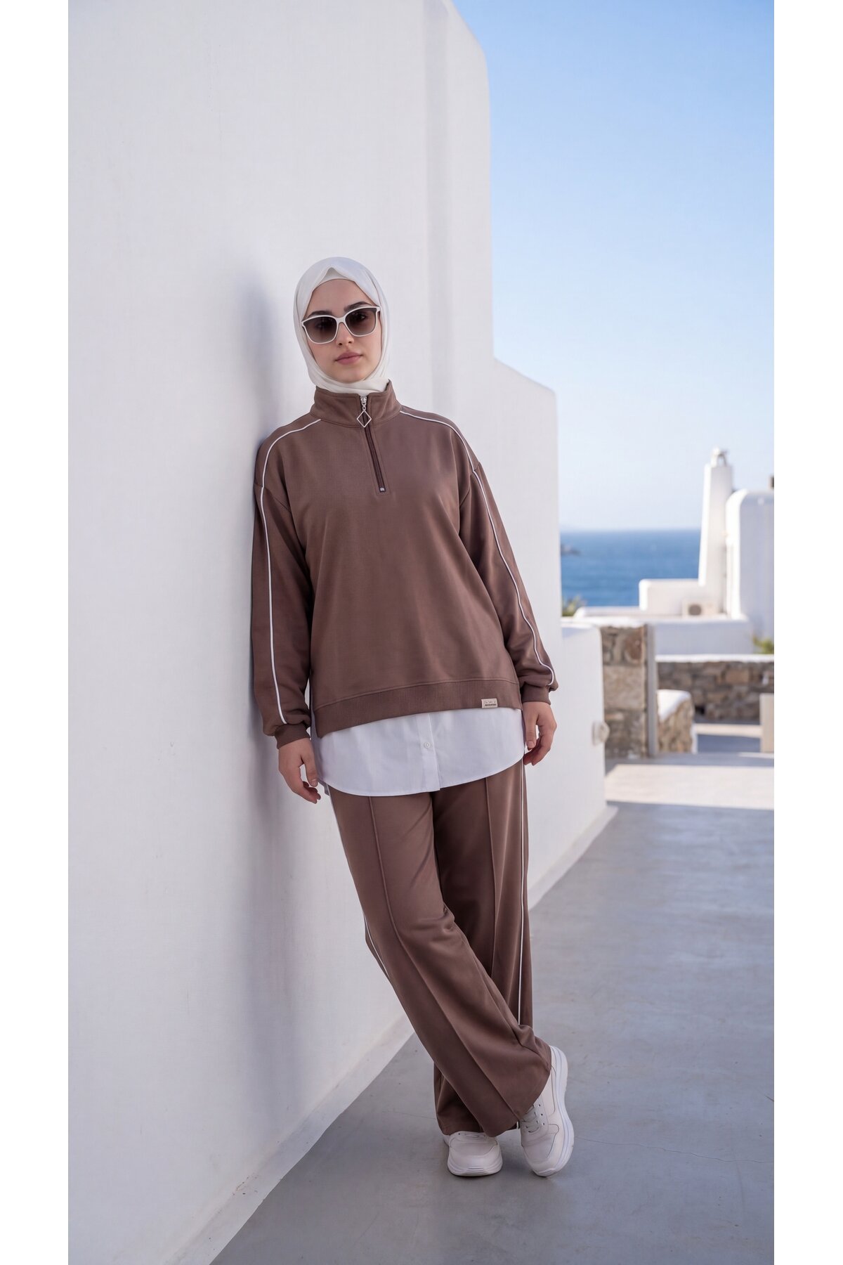 Kahverengi Oversize Eşofman Sweatshirt Ve Pantolon İkili Takım - Wovi Moda