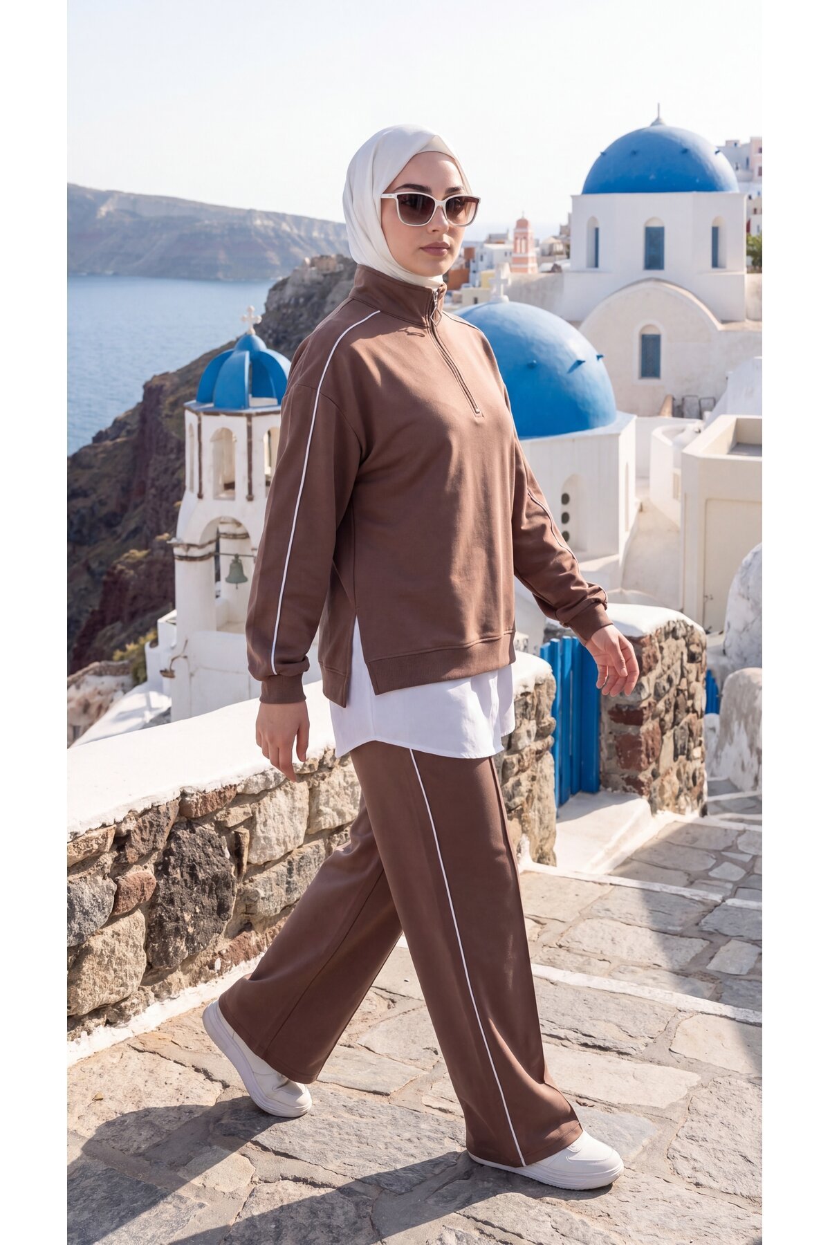 Kahverengi Oversize Eşofman Sweatshirt Ve Pantolon İkili Takım - Wovi Moda