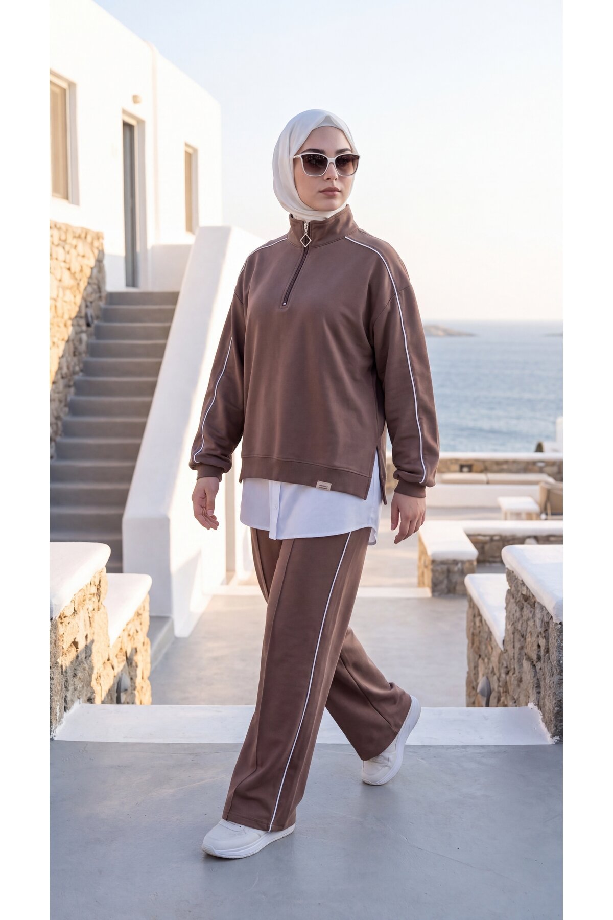 Kahverengi Oversize Eşofman Sweatshirt Ve Pantolon İkili Takım - Wovi Moda