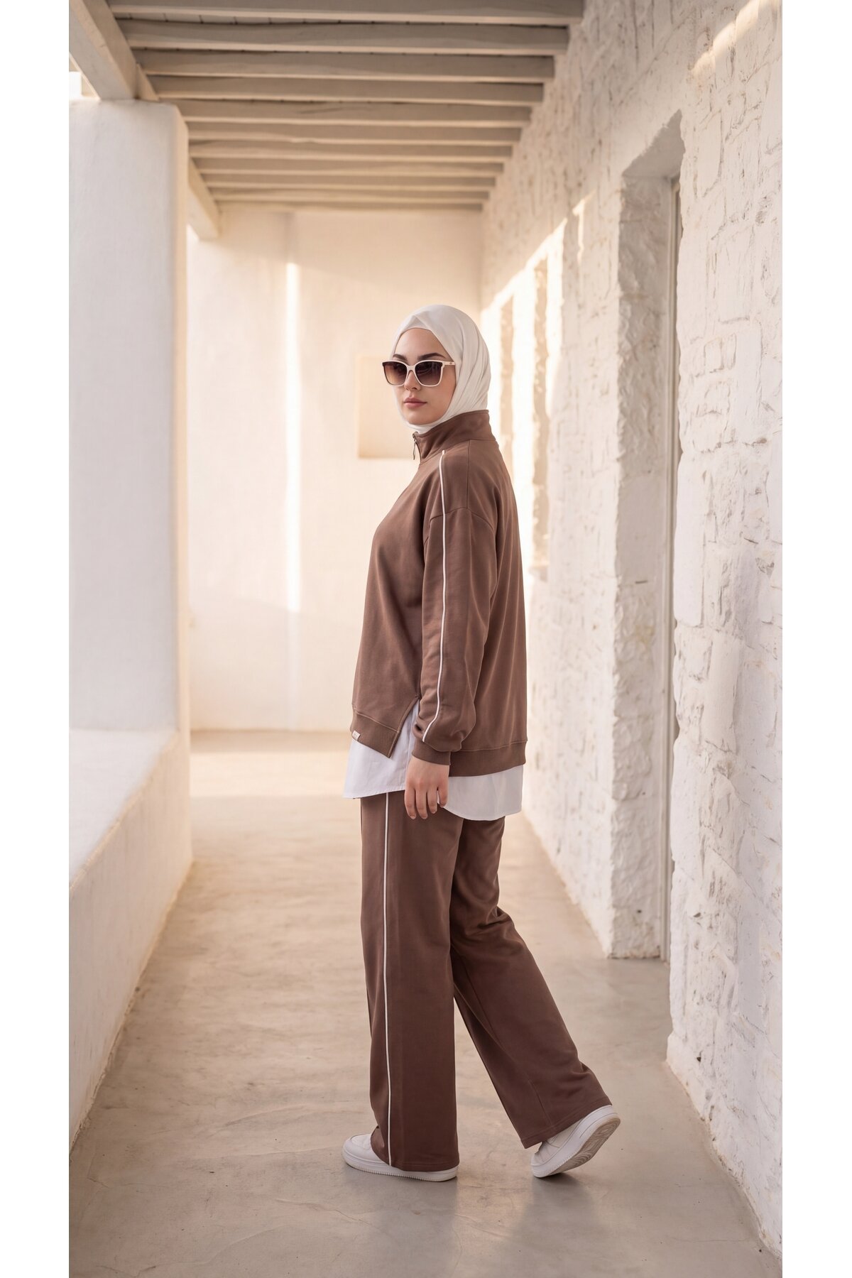 Kahverengi Oversize Eşofman Sweatshirt Ve Pantolon İkili Takım - Wovi Moda