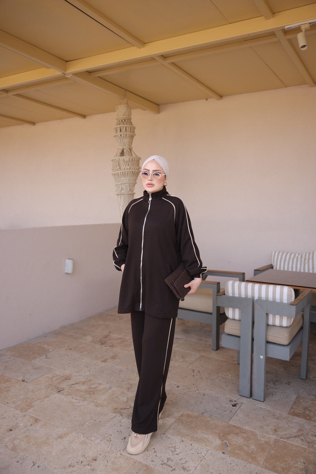 Kahverengi Rahat Kesim Biyeli Boydan Fermuarlı İkili Takım - Wovi Moda