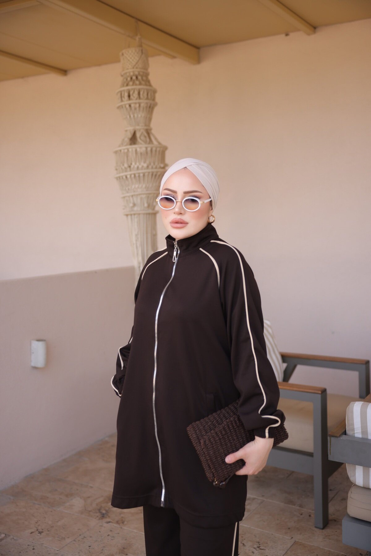 Kahverengi Rahat Kesim Biyeli Boydan Fermuarlı İkili Takım - Wovi Moda