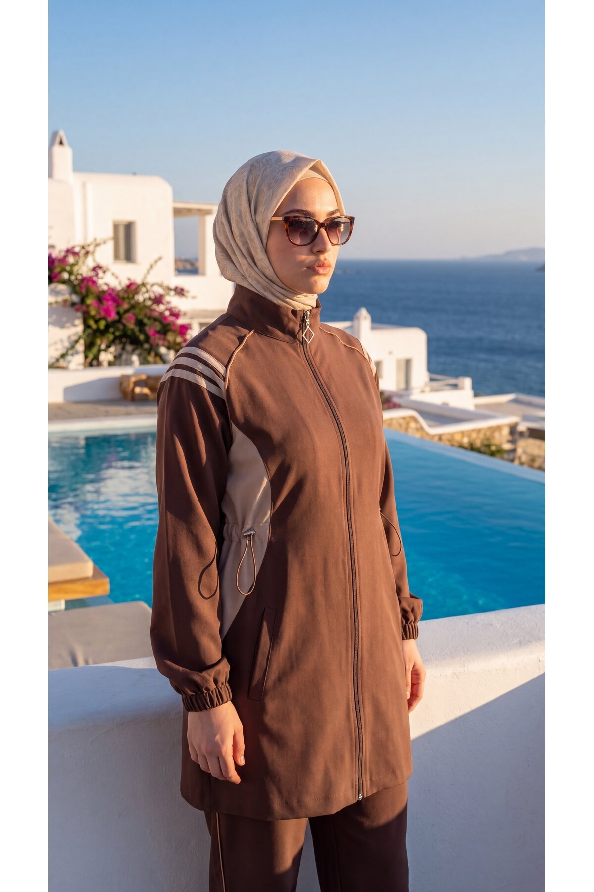 Kahverengi Şerit Detaylı Fermuarlı Eşofman Takım - Wovi Moda