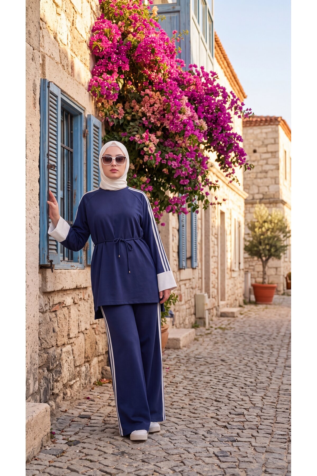 Lacivert Krem Manşetli Beli Bağcıklı Şerit Detaylı Eşofman Takımı - Wovi Moda