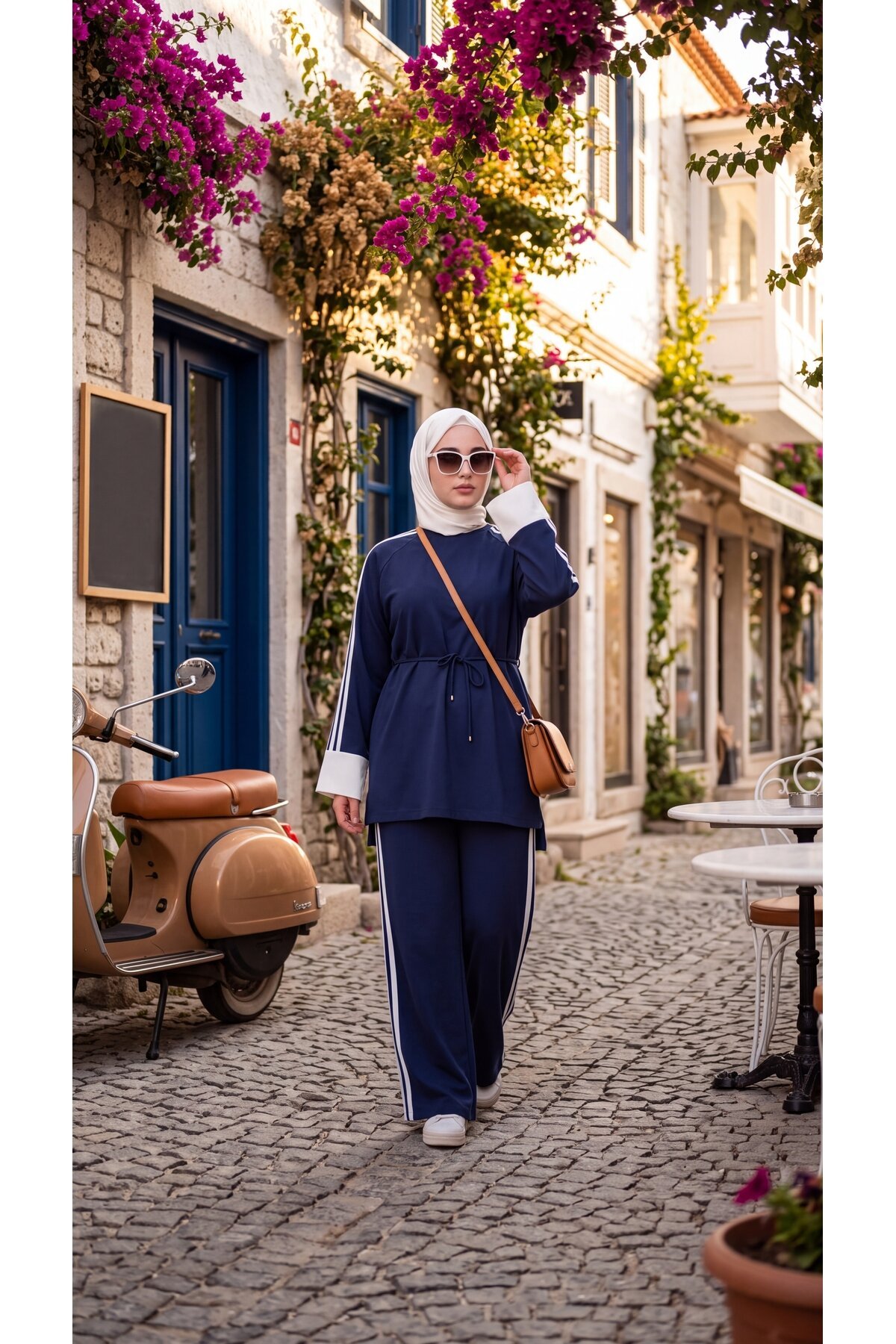 Lacivert Krem Manşetli Beli Bağcıklı Şerit Detaylı Eşofman Takımı - Wovi Moda