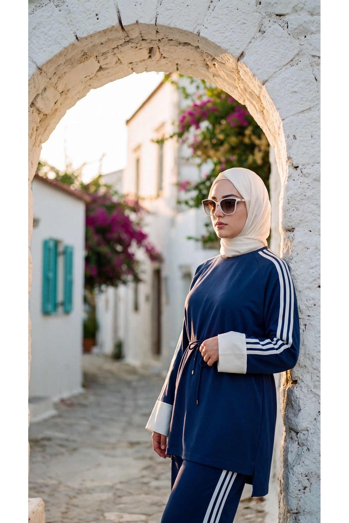 Lacivert Krem Manşetli Beli Bağcıklı Şerit Detaylı Eşofman Takımı - Wovi Moda
