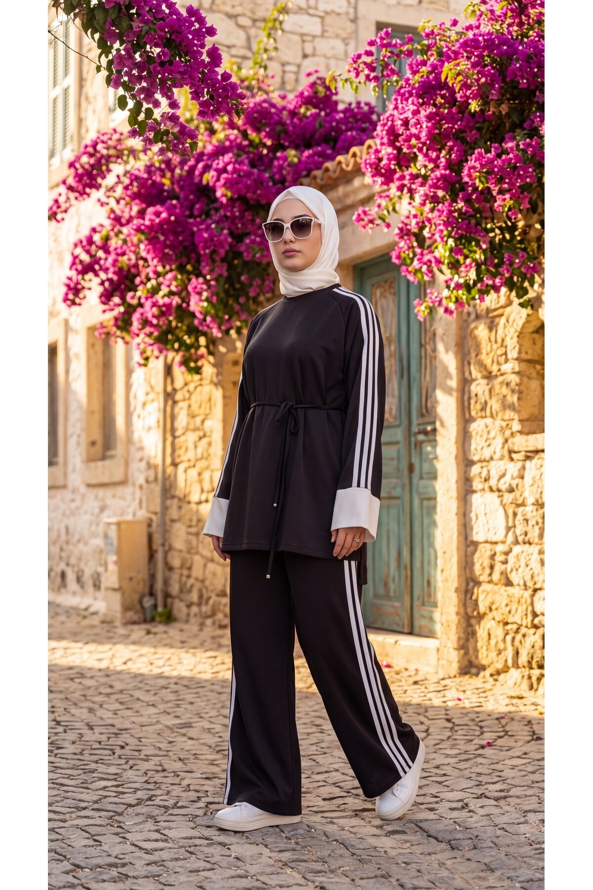 Siyah Krem Manşetli Beli Bağcıklı Şerit Detaylı Eşofman Takım - Wovi Moda