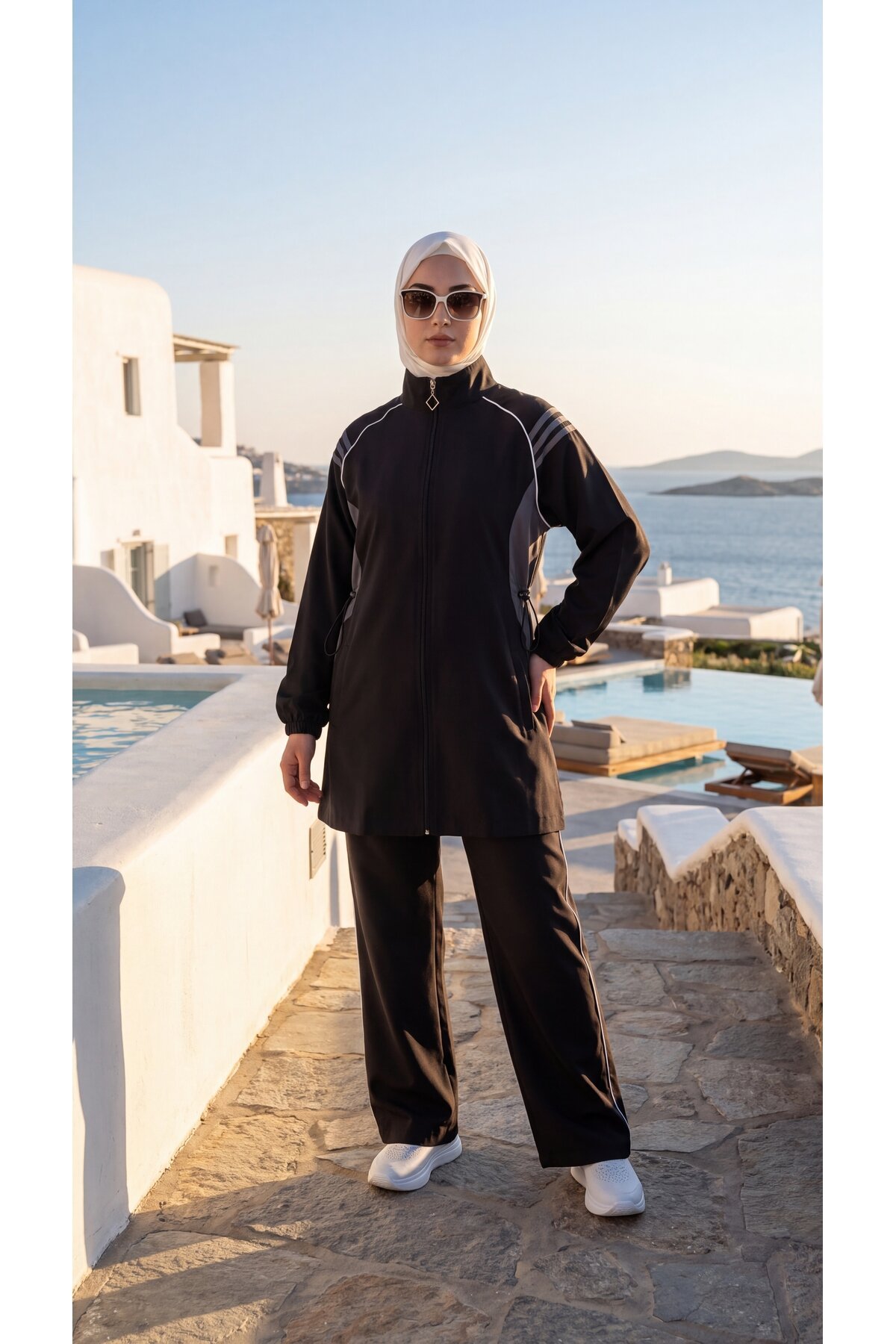 Siyah Şerit Detaylı Fermuarlı Eşofman Takımı - Wovi Moda