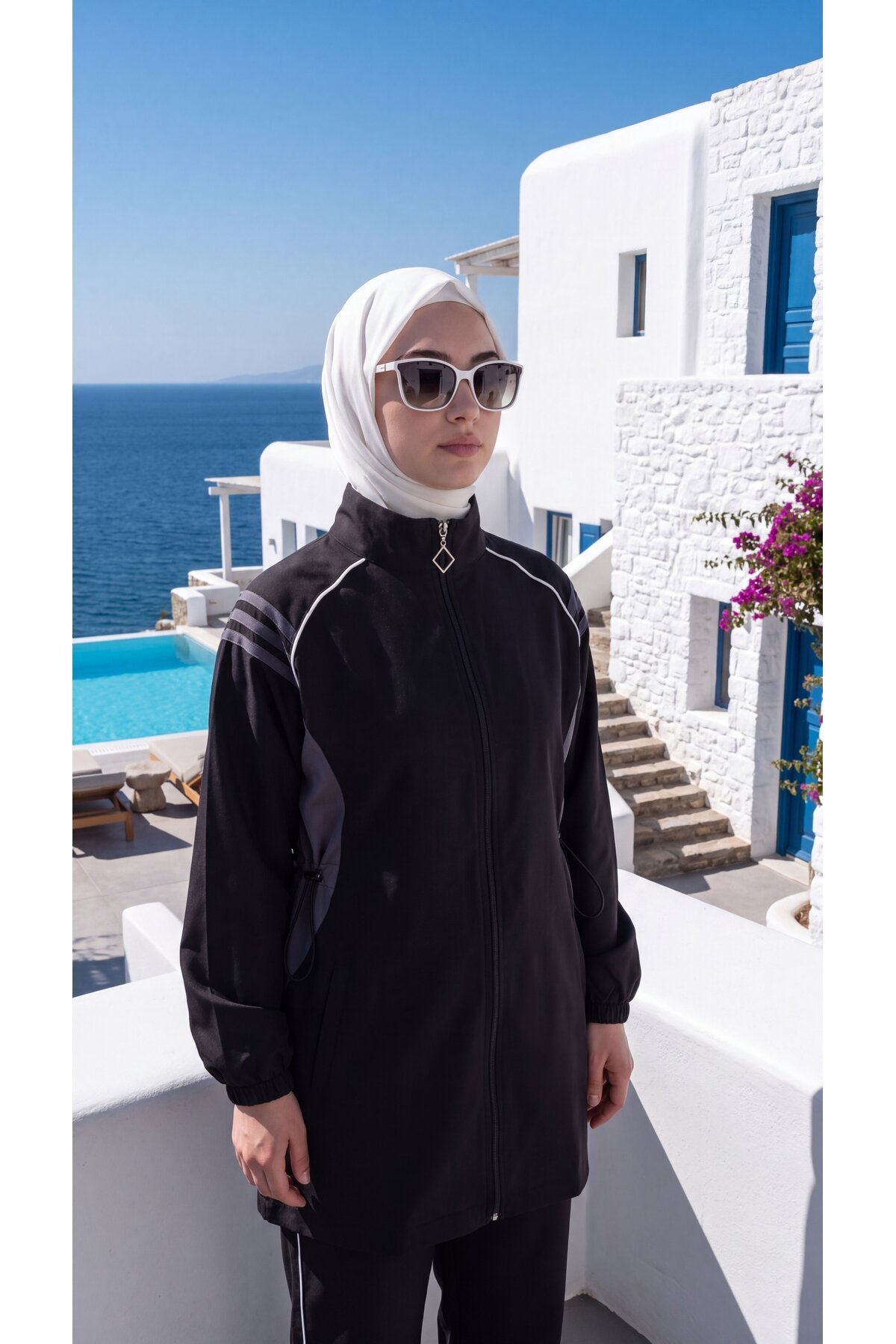 Siyah Şerit Detaylı Fermuarlı Eşofman Takımı - Wovi Moda