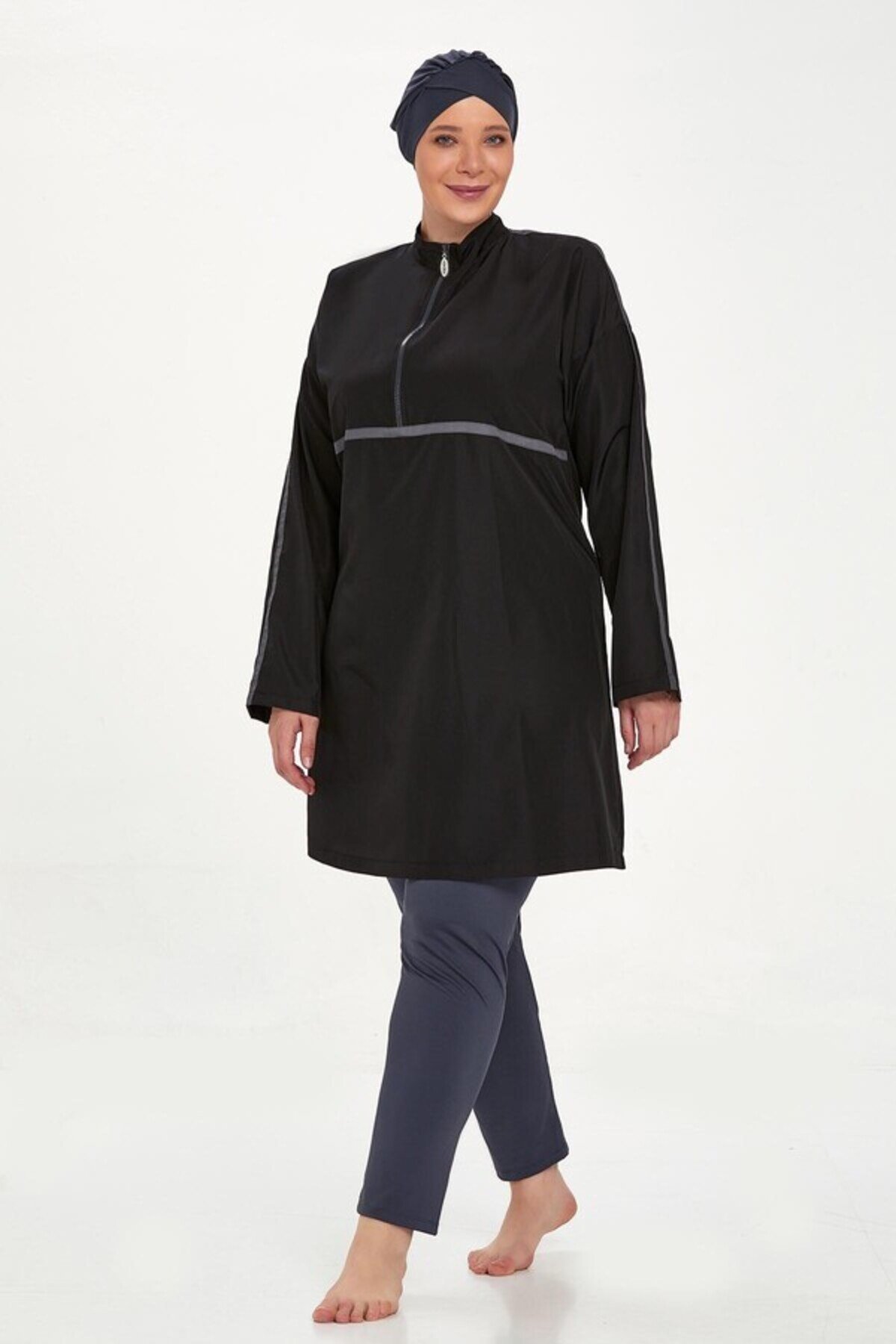 Full Length Plus Size Full Coverage Burkini - Black - Adasea