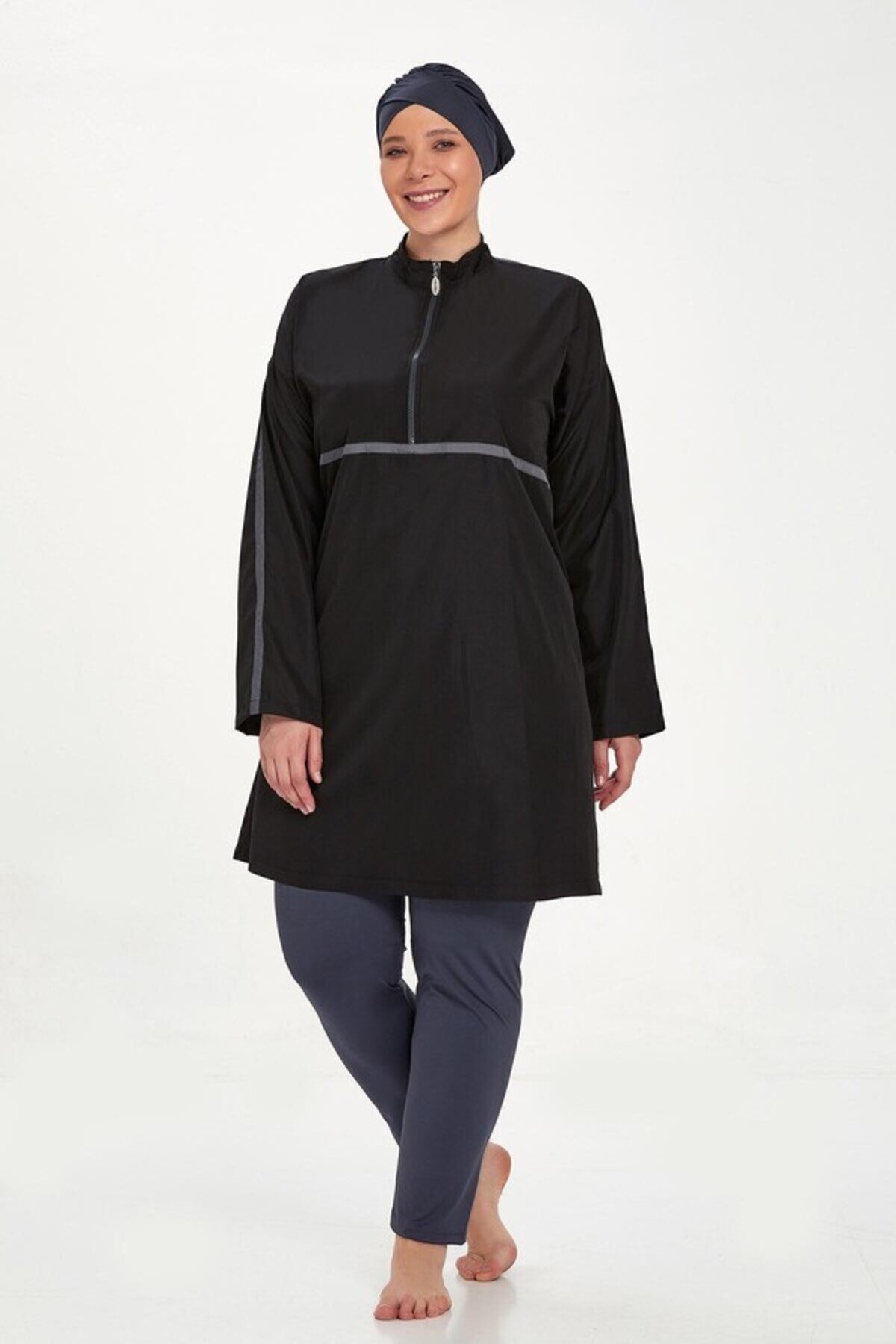 Full Length Plus Size Full Coverage Burkini - Black - Adasea