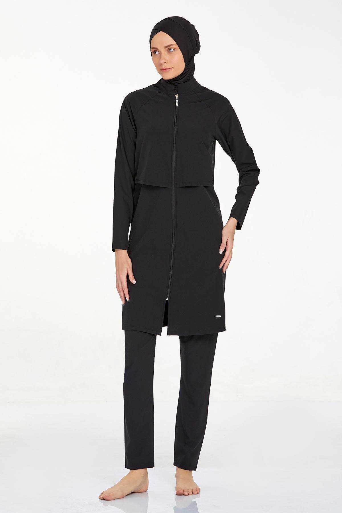 Plus Size Lycra Full Coverage Burkini - Black - Adasea
