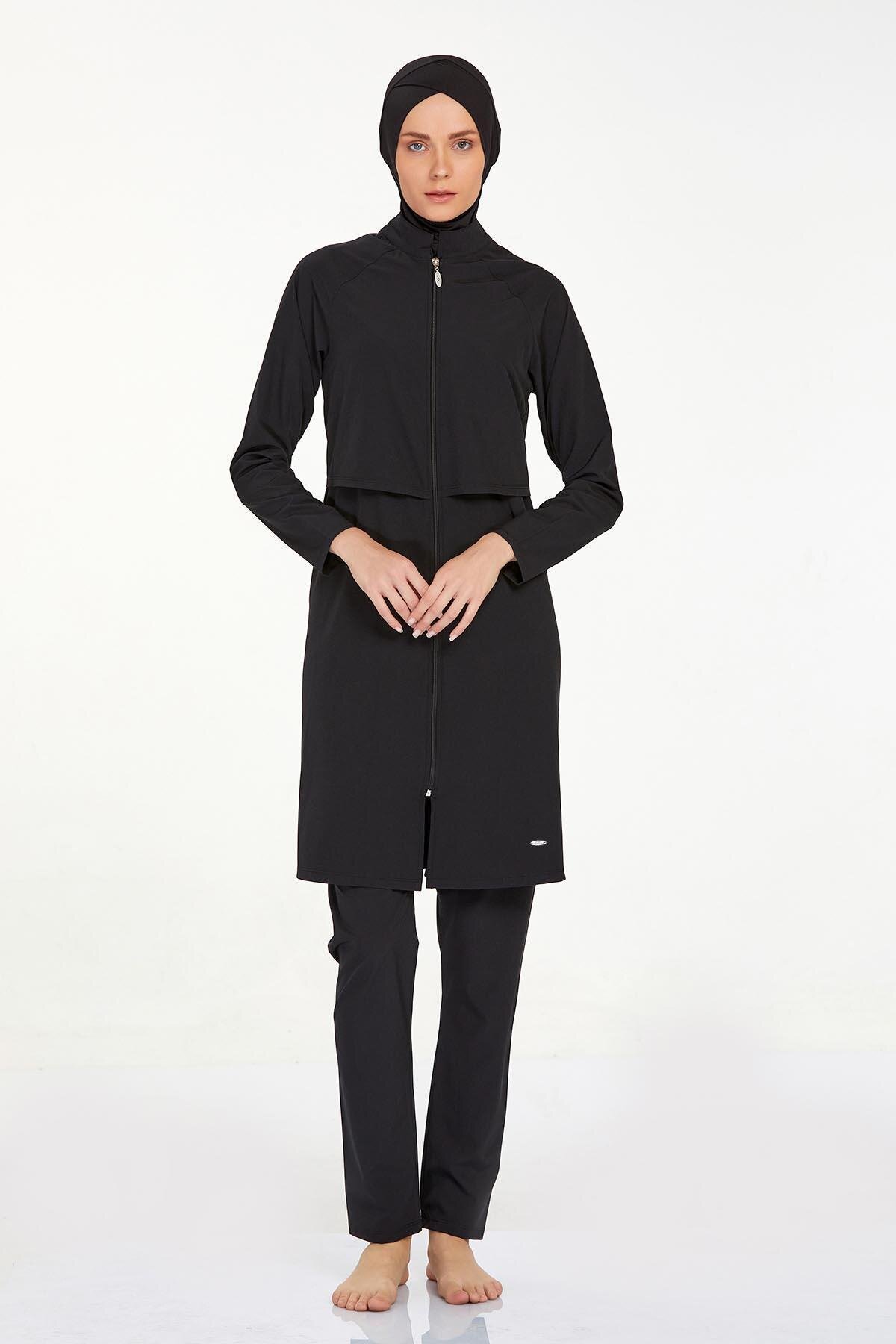 Plus Size Lycra Full Coverage Burkini - Black - Adasea