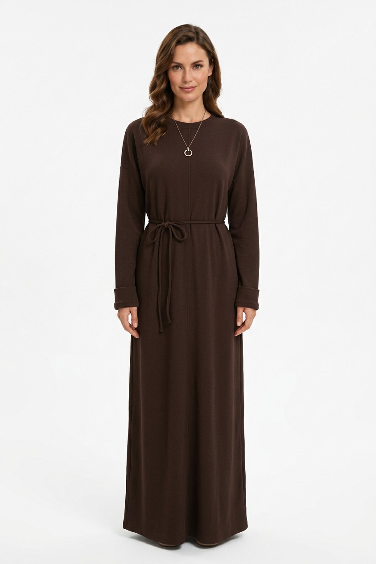 Crew Neck Oysho Fabric Belted Dress - Dark Brown - Dimar Butik