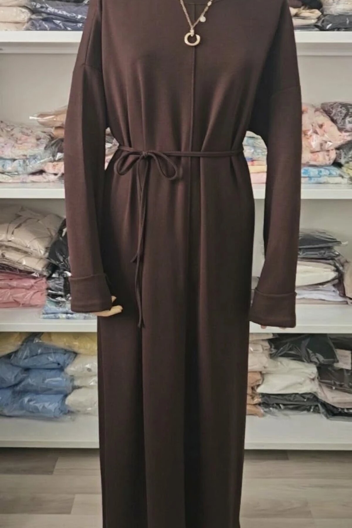 Crew Neck Oysho Fabric Belted Dress - Dark Brown - Dimar Butik