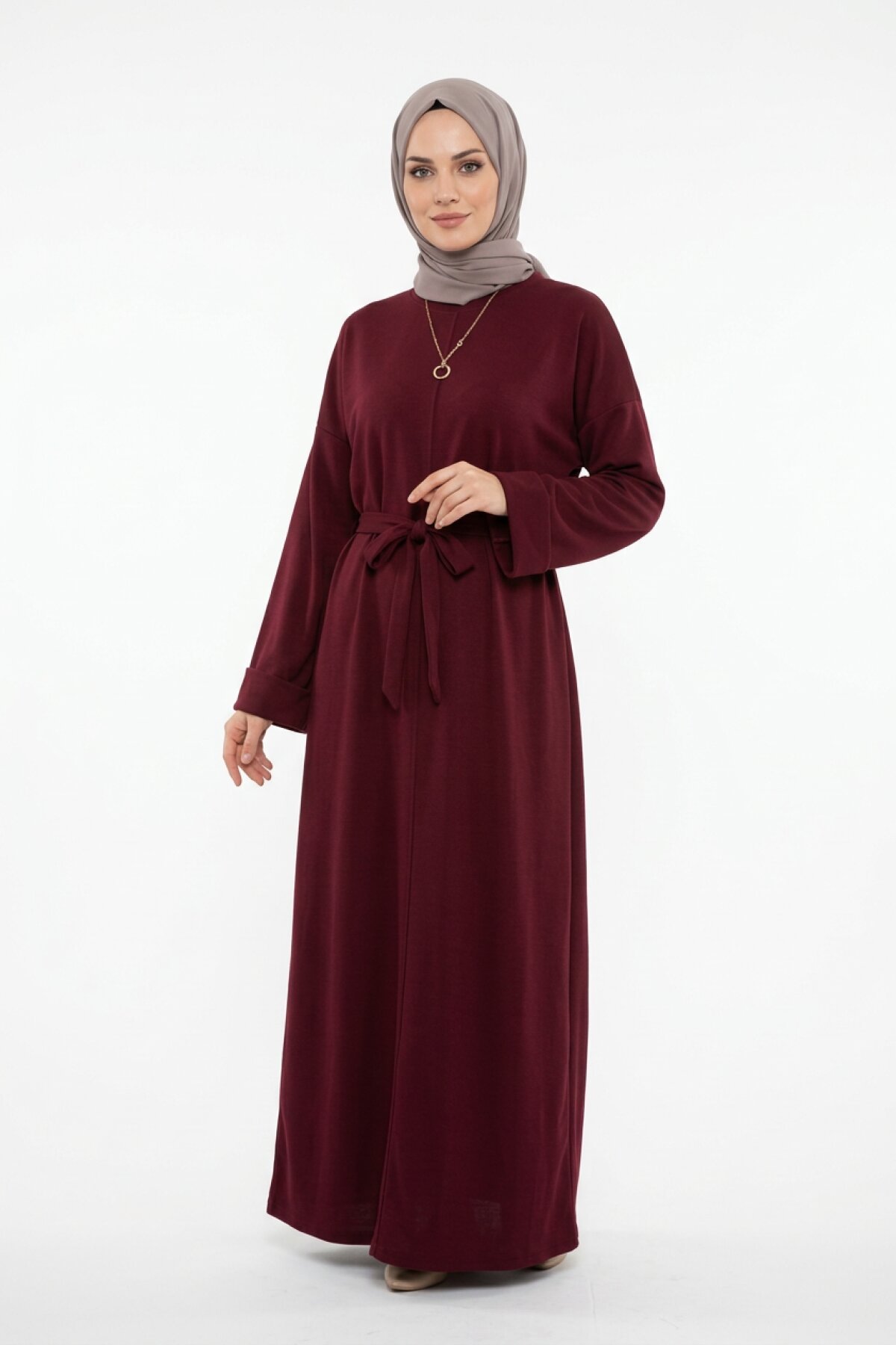 Bordo Bisiklet Yaka Kuşaklı Elbise - Dimar Butik