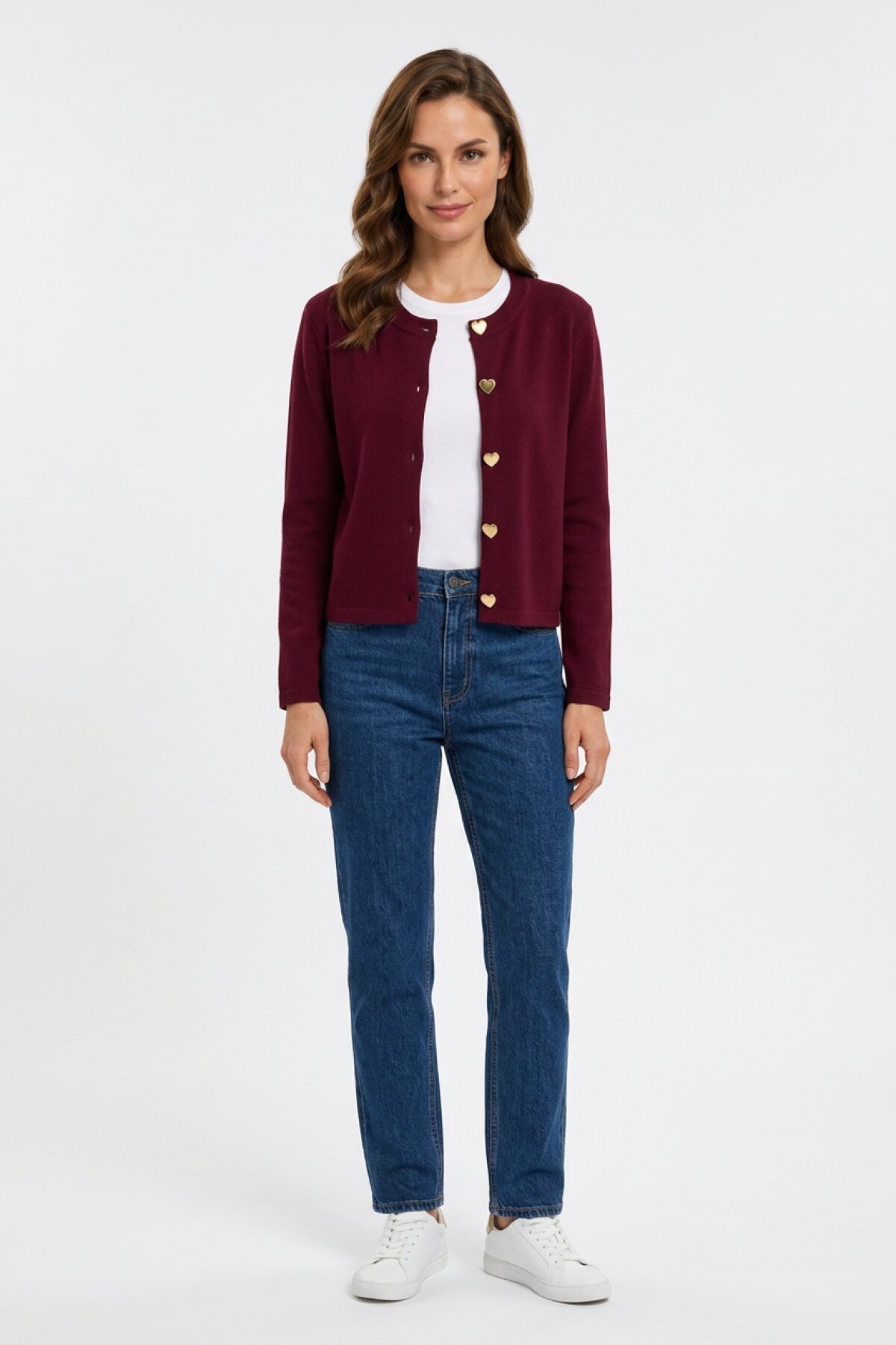 Heart Button Knit Cardigan - Claret Red - Dimar Butik