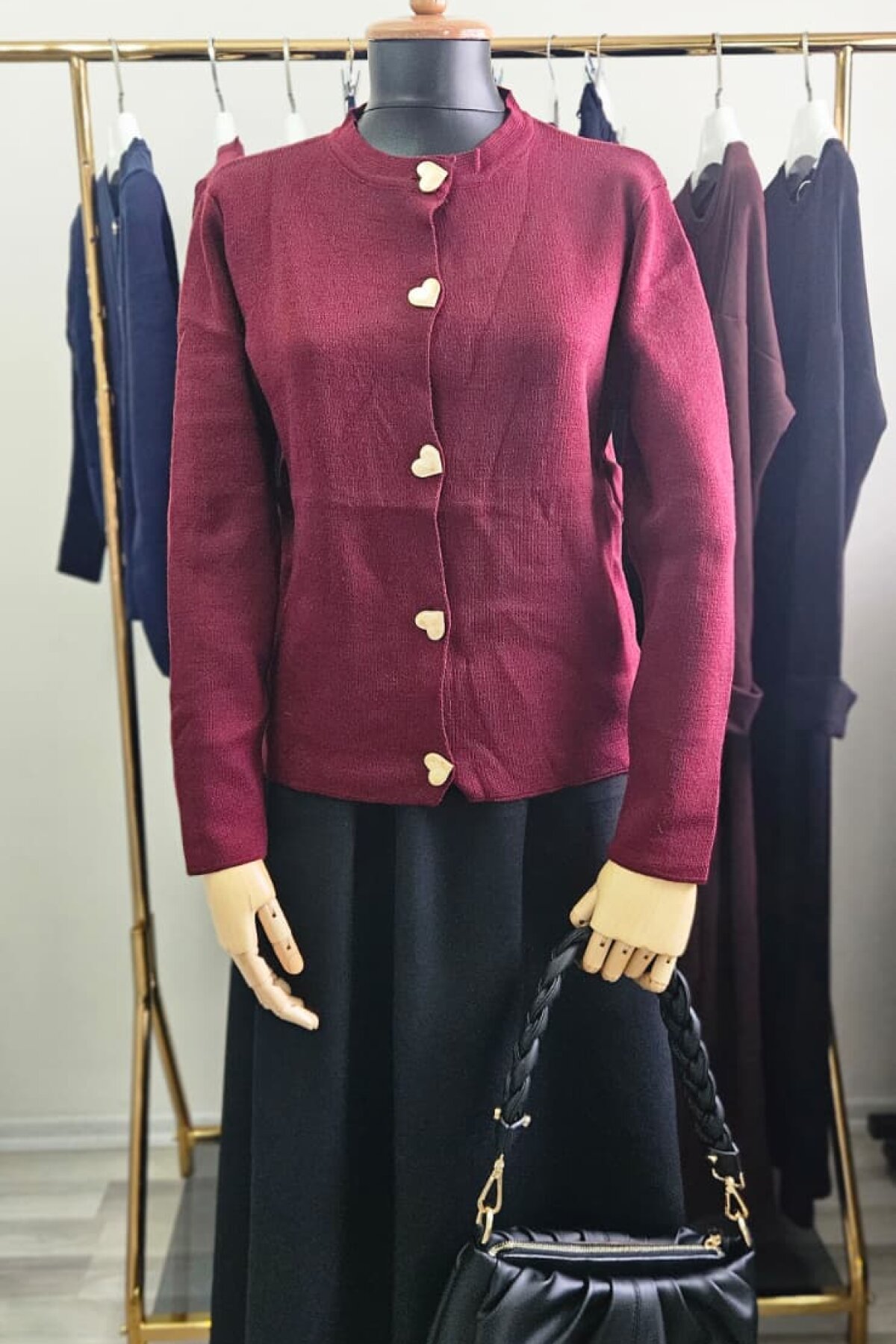 Heart Button Knit Cardigan - Claret Red - Dimar Butik