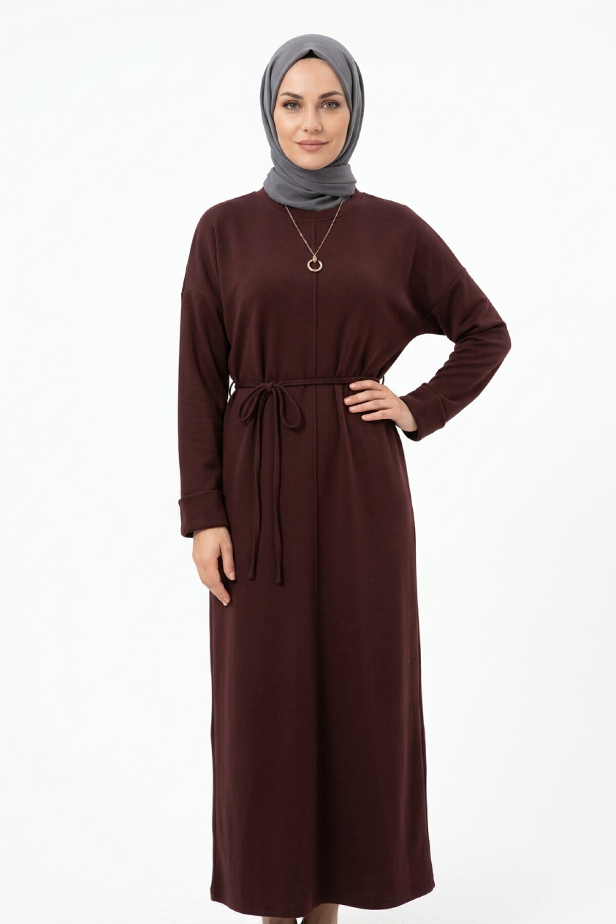 Koyu Bordo Acı Kahve Bisiklet Yaka Kuşaklı Oysho Kumaş Elbise - Dimar Butik