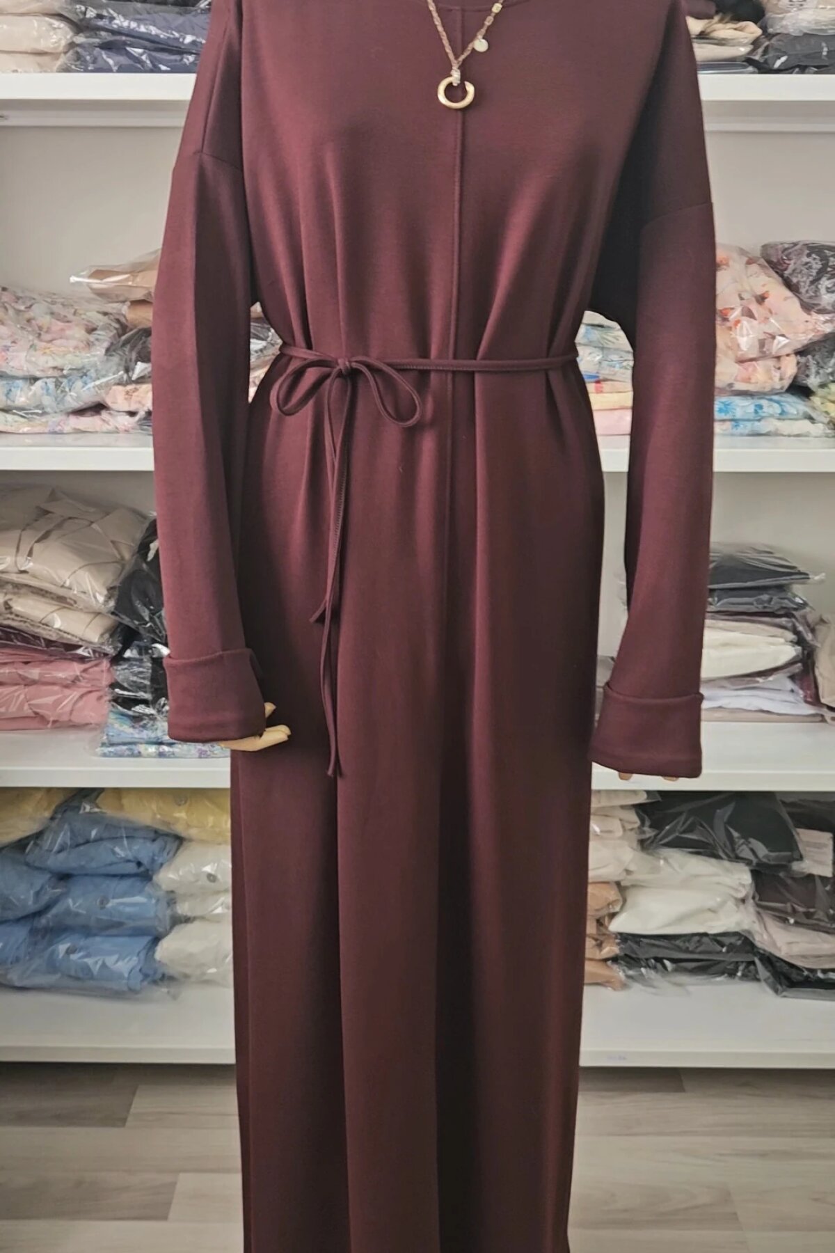 Koyu Bordo Acı Kahve Bisiklet Yaka Kuşaklı Oysho Kumaş Elbise - Dimar Butik