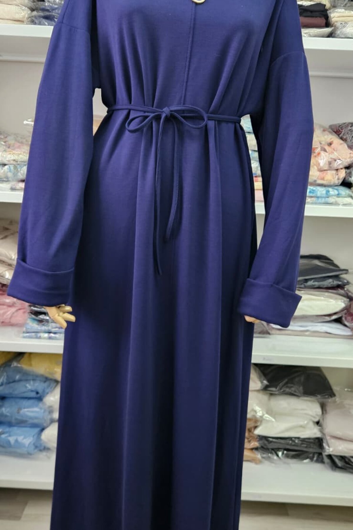 Lacivert Oysho Kumaş Bisiklet Yaka Kuşaklı Elbise - Dimar Butik