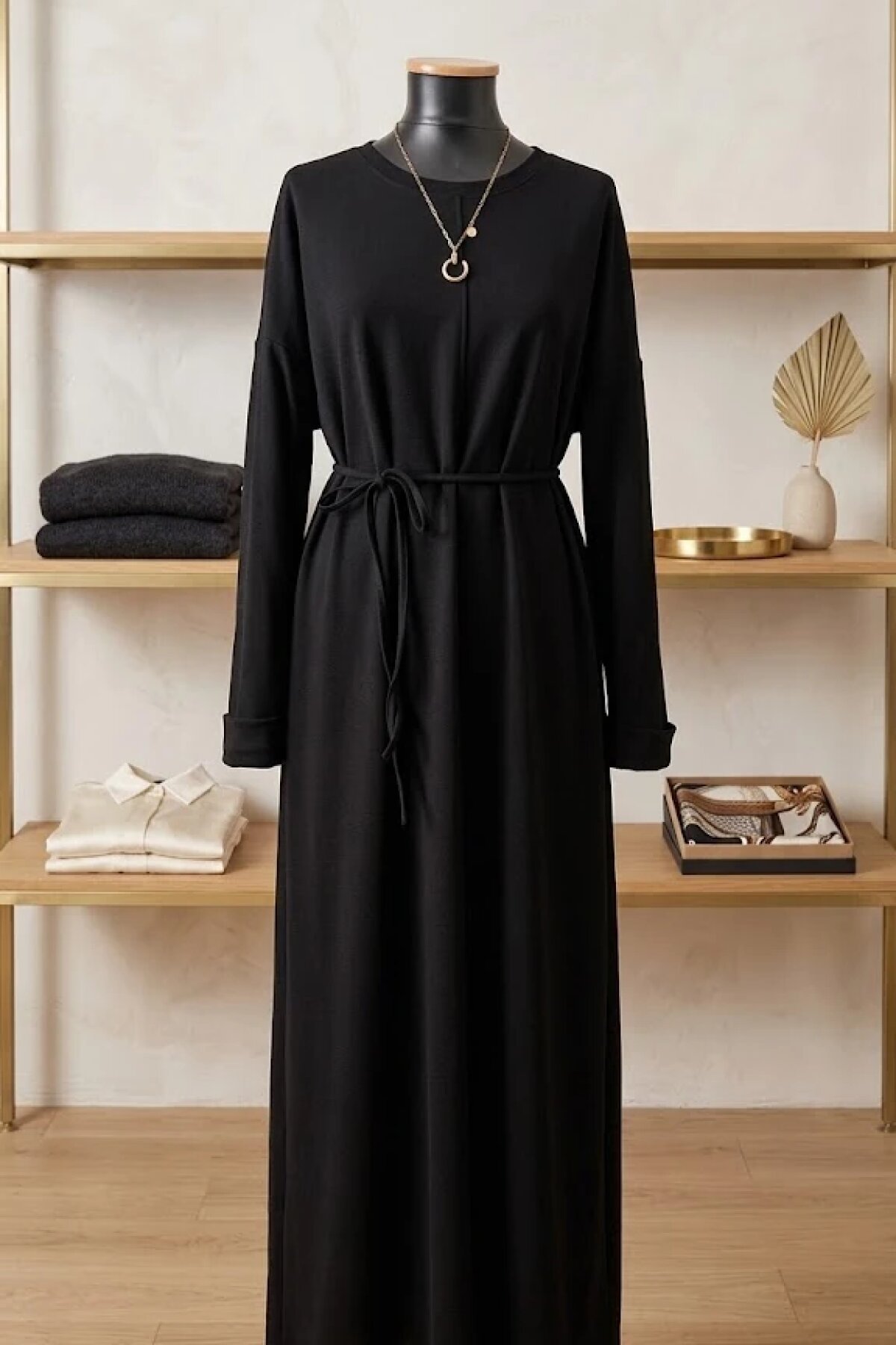 Siyah Oysho Kumaş Bisiklet Yaka Kuşaklı Elbise - Dimar Butik